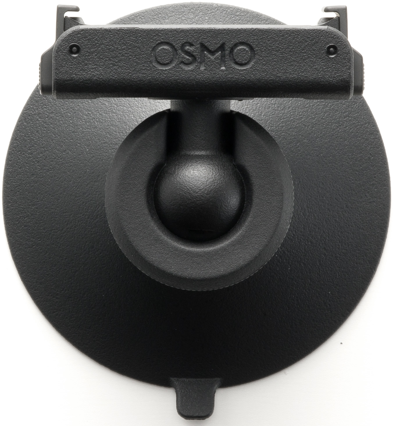 Schwarze Osmo-Autohalterung auf Weiß. Sie hat einen Saugnapf, ein Kugelgelenk und eine Gerätehalterung mit dem Osmo-Logo.