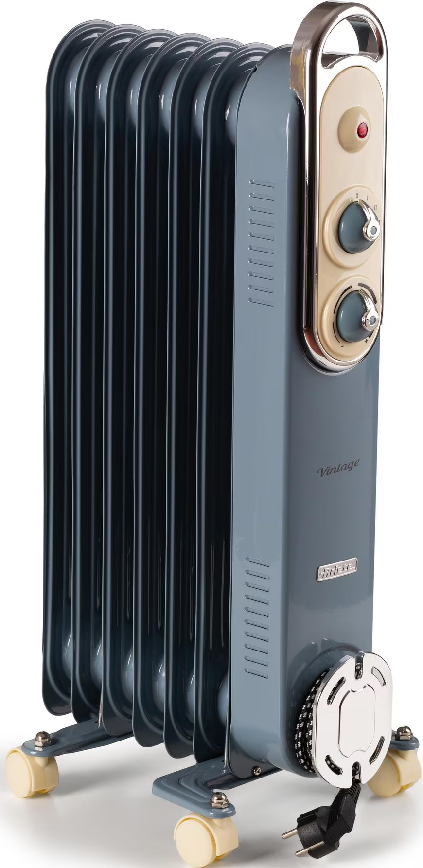 Un radiateur à huile vintage bleu sur roulettes. Il possède un panneau de commande, une poignée et un cordon d'alimentation avec une prise.