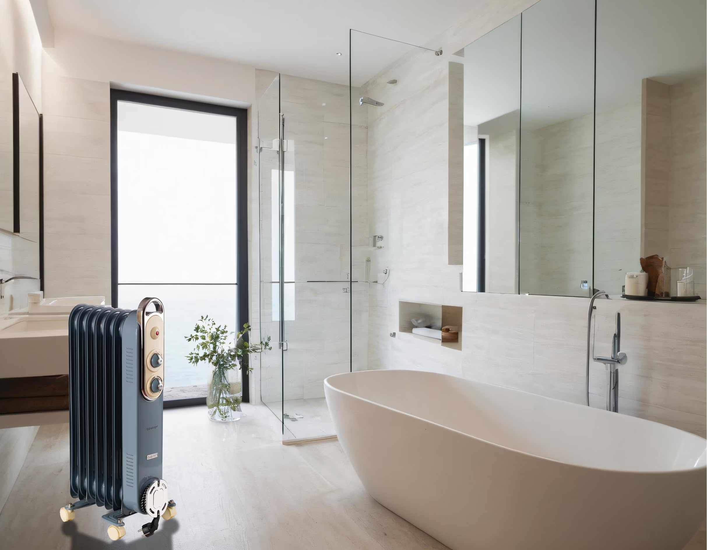 Salle de bain avec radiateur, baignoire, douche et grande fenêtre. Les couleurs claires dominent, esthétique moderne.