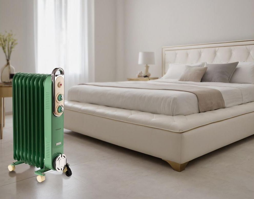 Un radiatore verde è in una camera da letto bianca accanto a un letto grande. La stanza ha una finestra con tende bianche.
