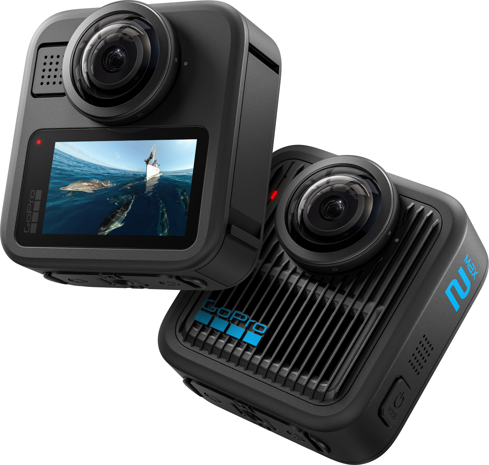 Zwei schwarze GoPro Max 2 Kameras. Eine zeigt einen Bildschirm mit Delfinen und einem Boot. Die andere hat das GoPro-Logo und Max 2.