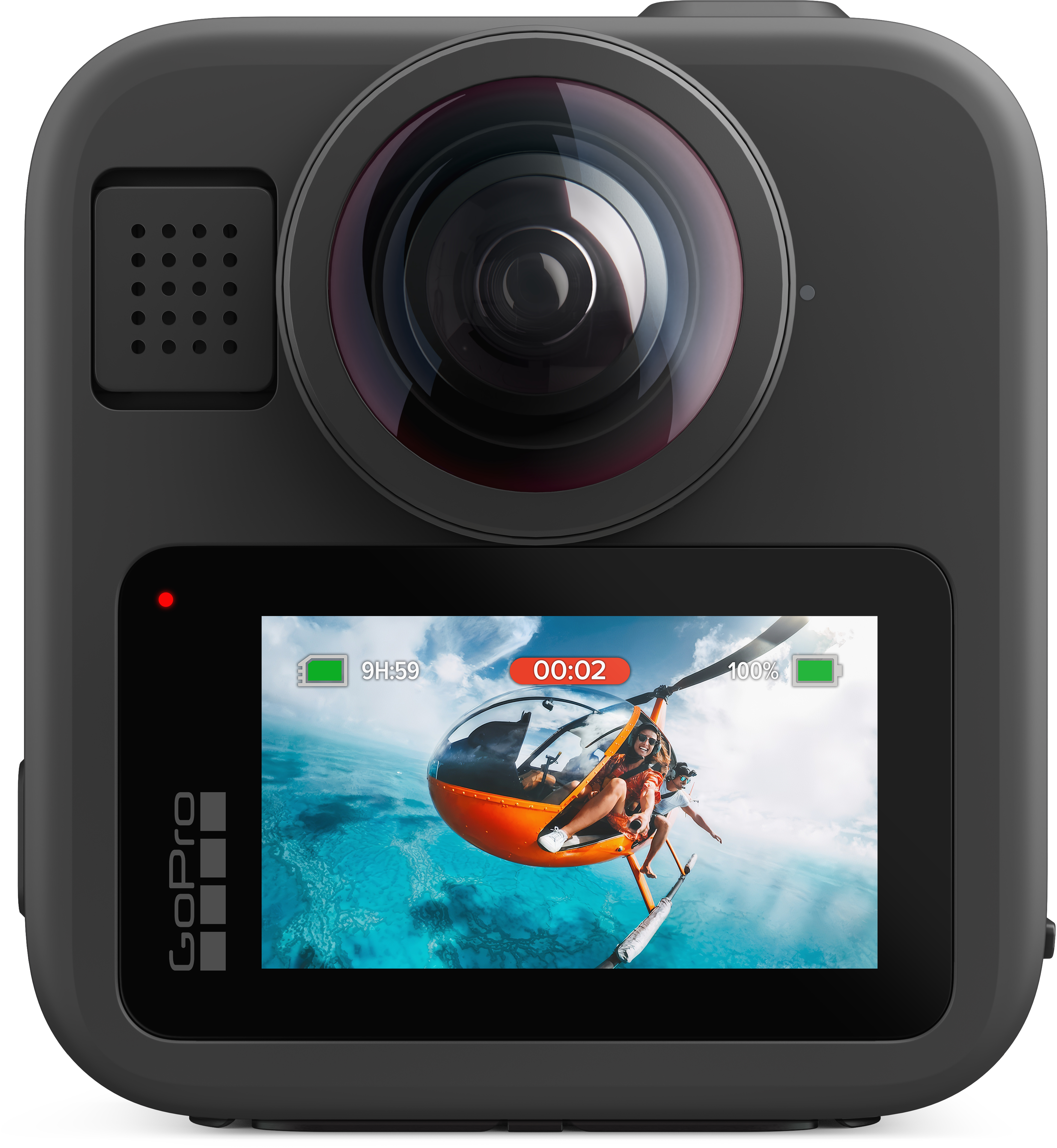 Eine schwarze GoPro-Kamera zeigt einen Hubschrauber über blauem Wasser. Menschen sind drinnen. Das Kameraobjektiv ist groß und rund.