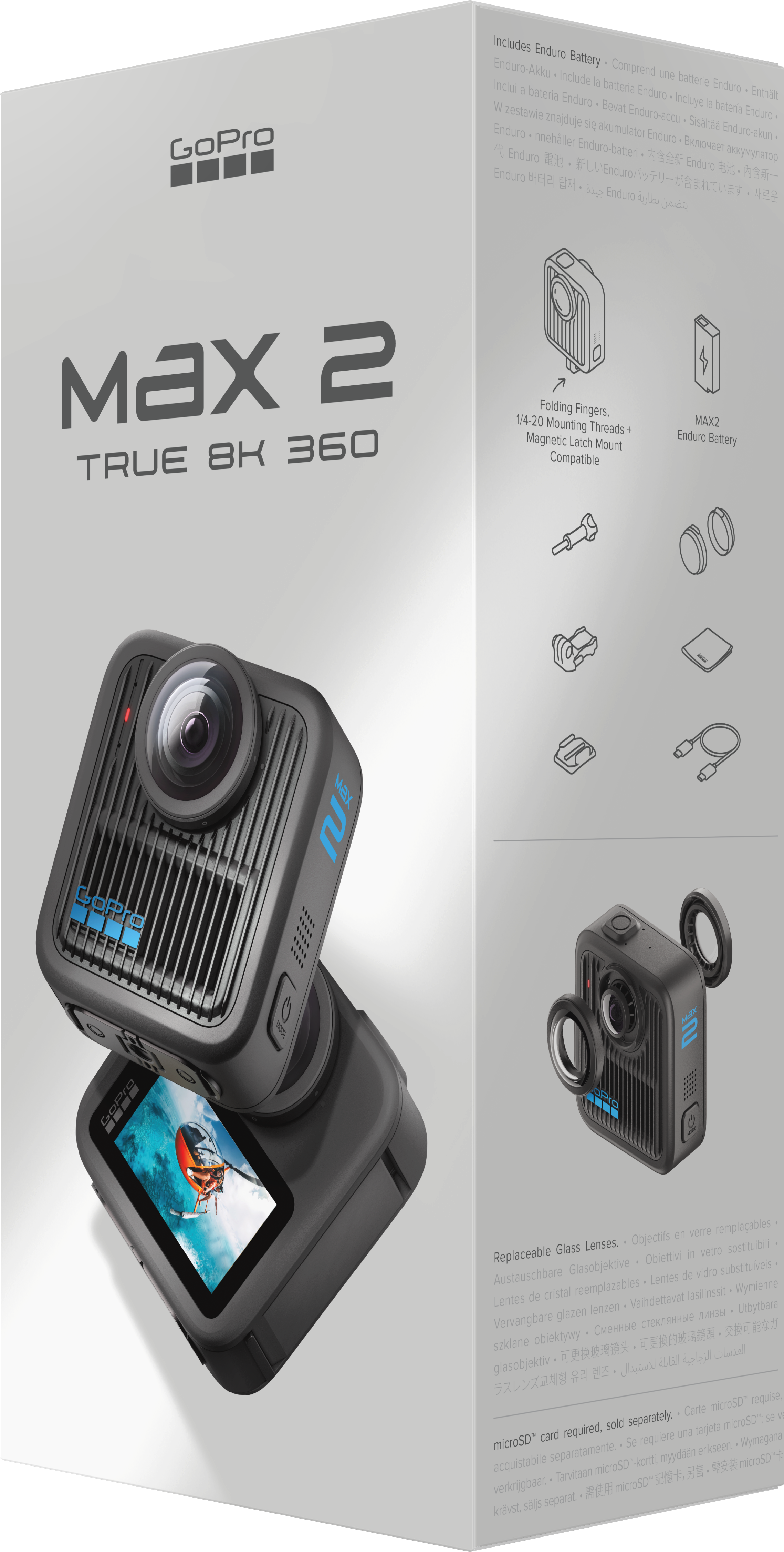 GoPro Max 2 Kamera. Schwarzes, kastenförmiges Design. Produkt- und Feature-Details. Inklusive Akku.