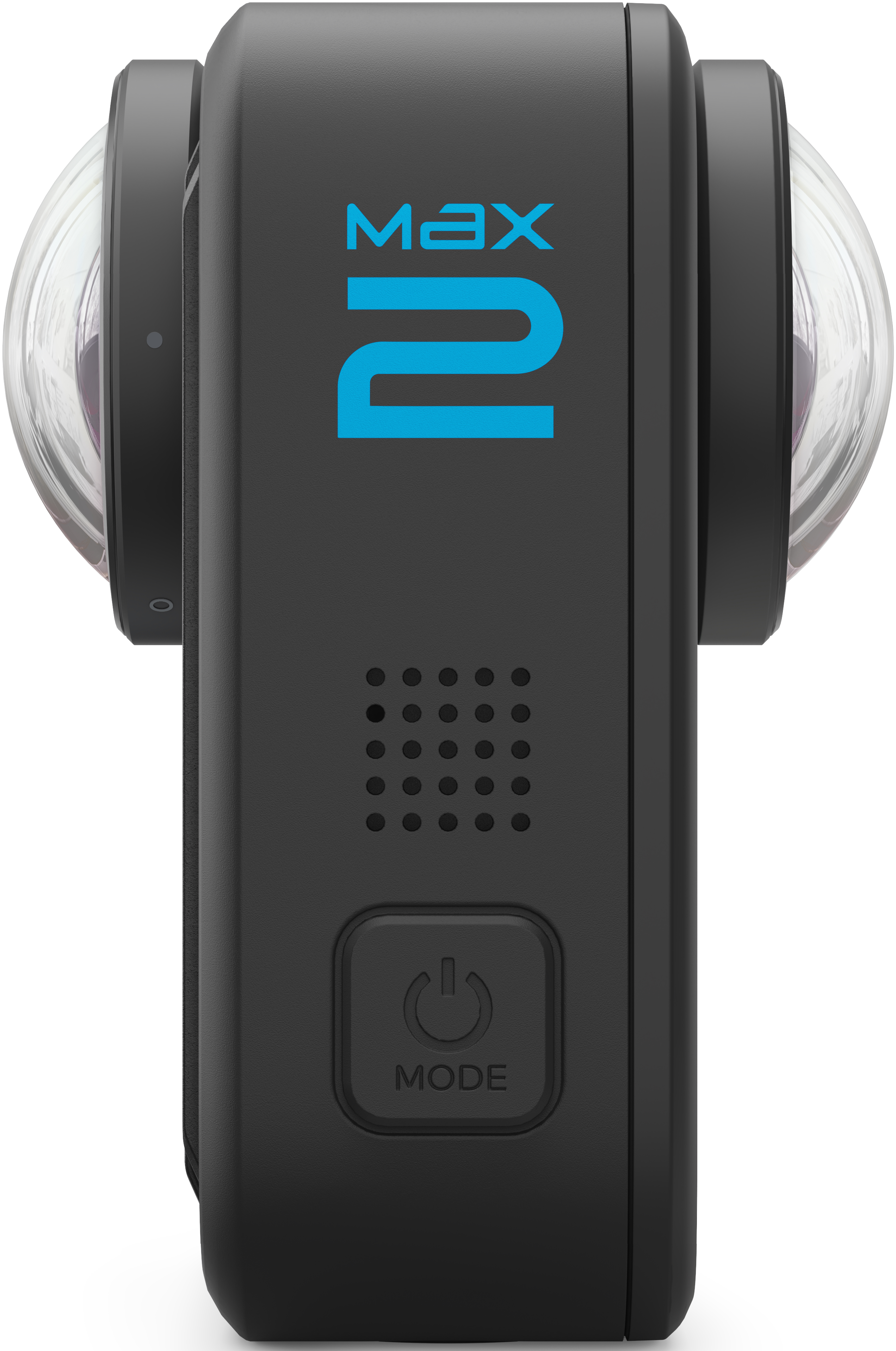Eine schwarze GoPro Max 2 Kamera mit blauem Text. Die Kamera hat zwei Objektive und eine Modus-Taste.