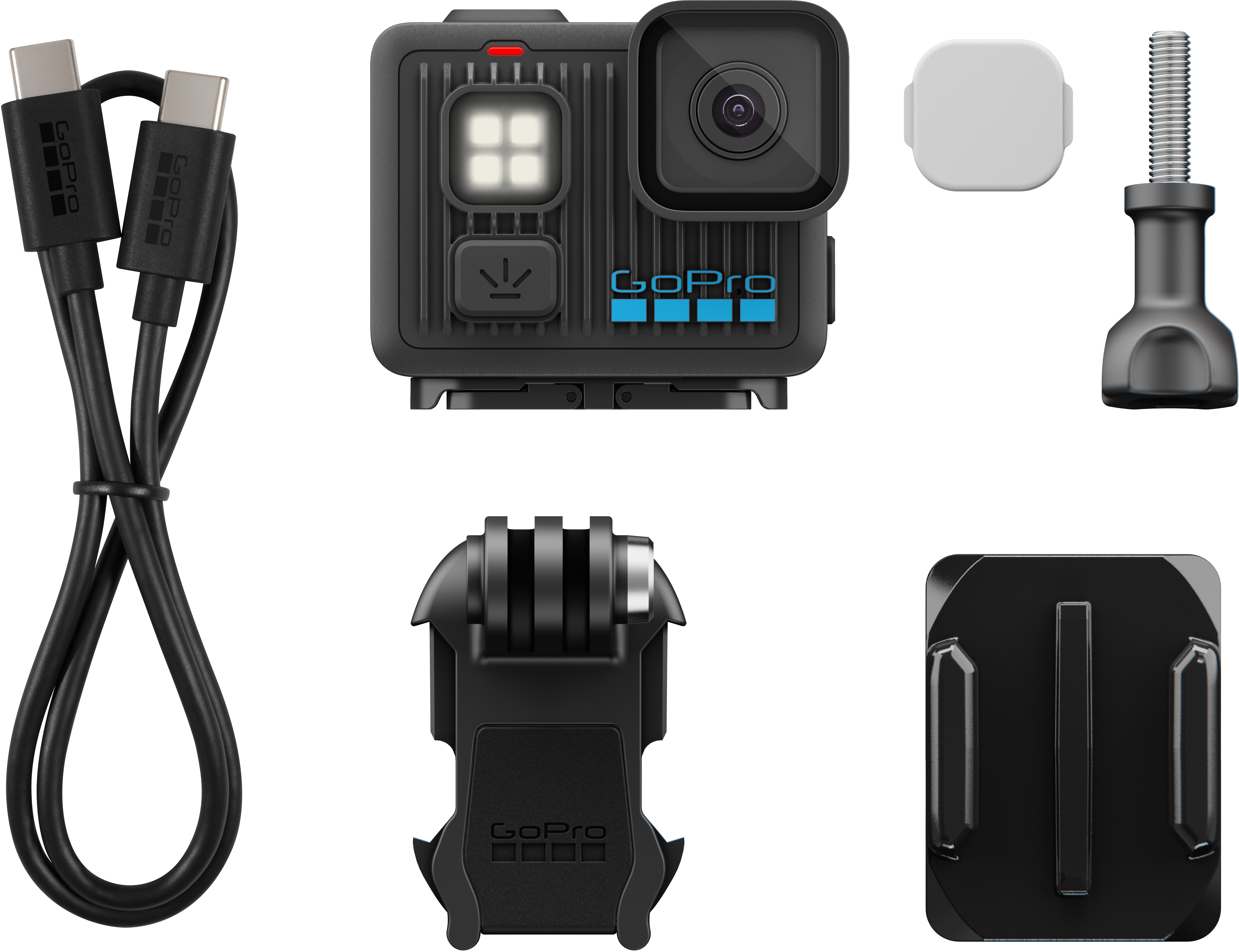 Caméra GoPro et accessoires : câble USB-C, supports et une petite caméra carrée. Tous les articles sont noirs, avec un carré blanc.