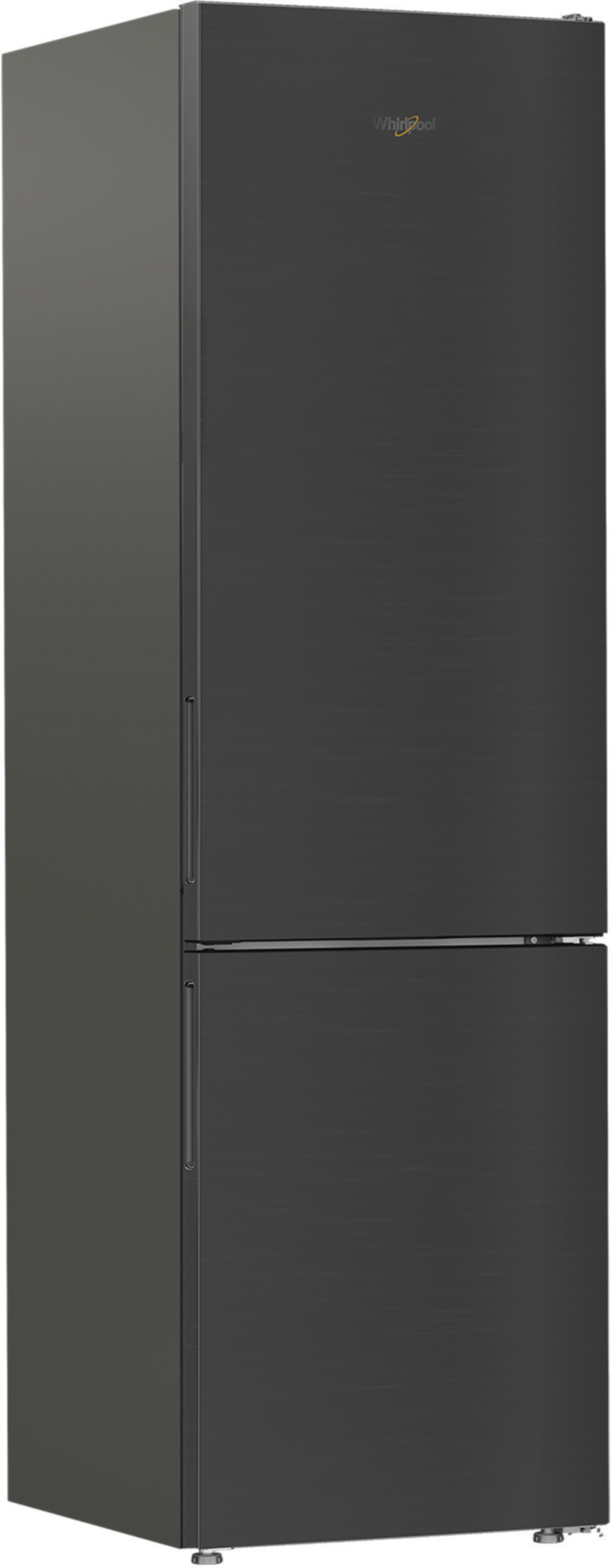 Ciemnoszara lodówka Whirlpool. Ma dwoje drzwi, zamrażarkę na dole i wykończenie ze szczotkowanego metalu.