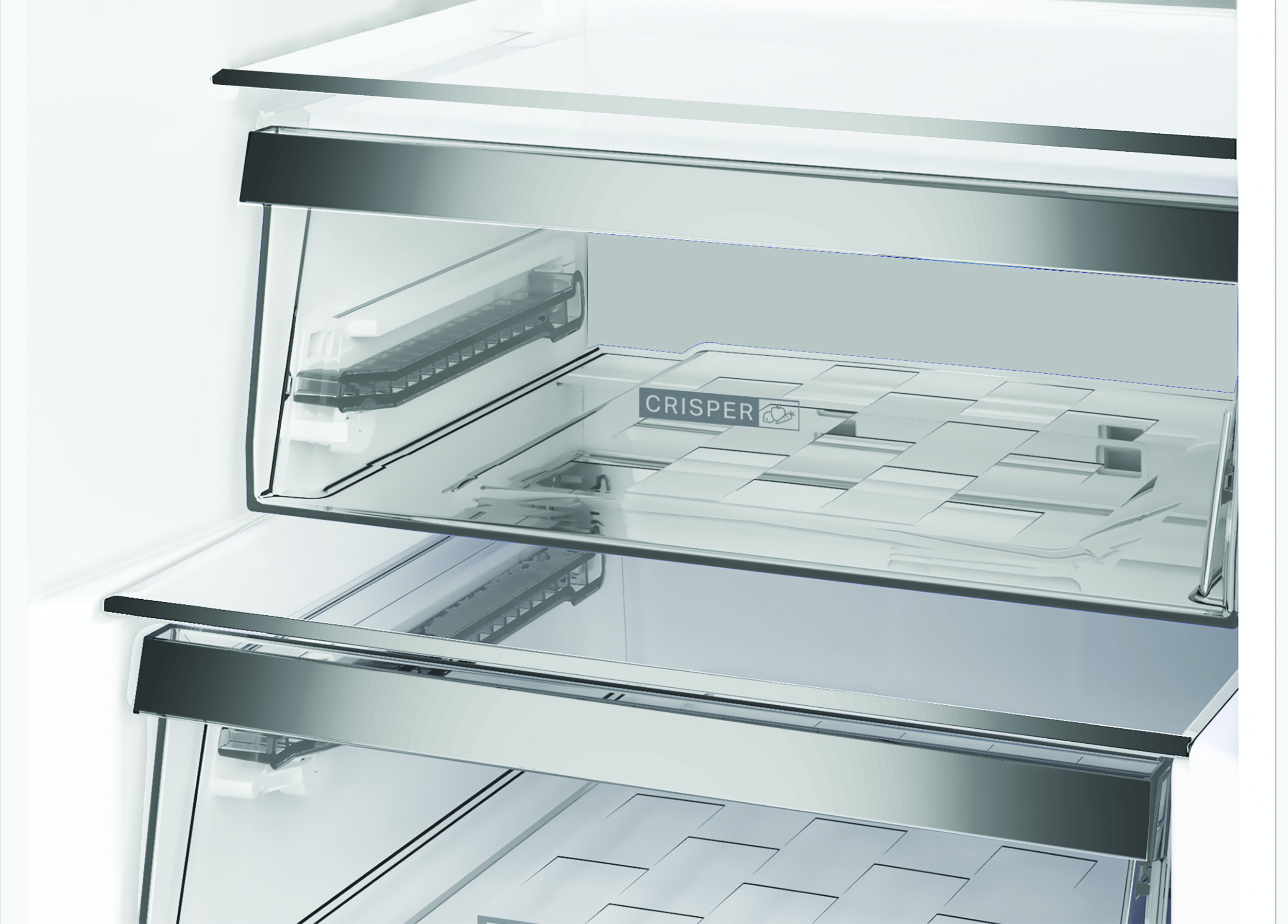 Wnętrze lodówki, z szufladami na warzywa i półkami. Szuflady są przezroczyste z białym wnętrzem.