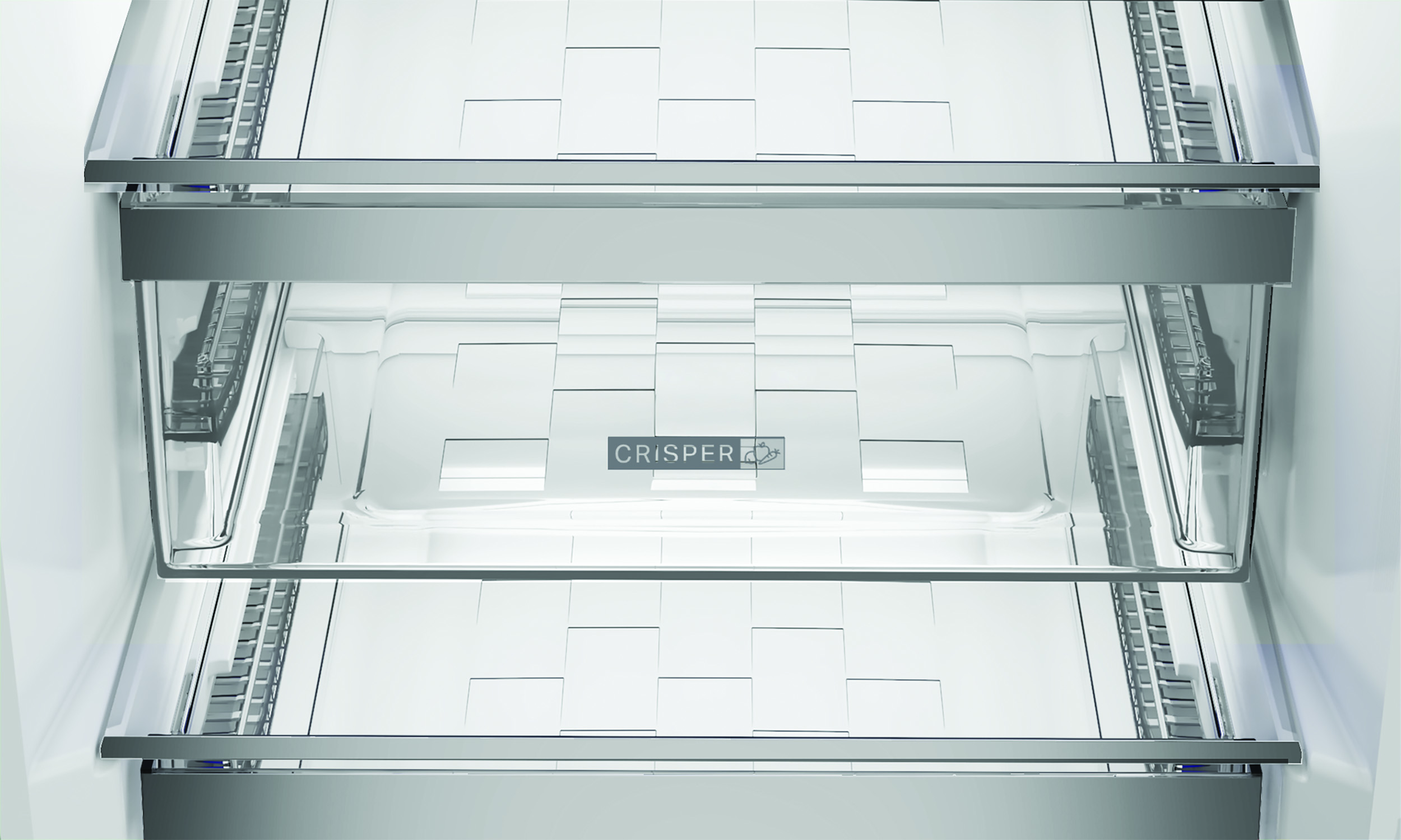 Wnętrze lodówki. Obraz przedstawia przezroczyste półki i szuflady. Widoczne jest słowo "CRISPER".