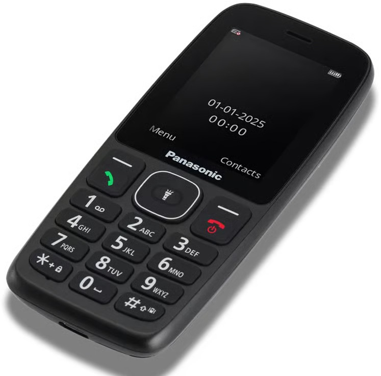 Czarny telefon Panasonic z klawiaturą, wyświetlacz pokazuje datę i godzinę. Telefon ma zielony przycisk połączenia i czerwony przycisk zasilania.