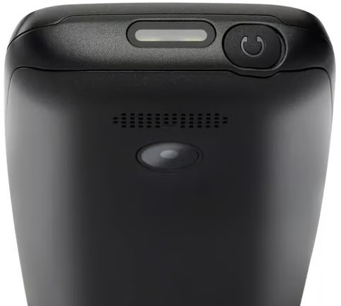 Zbliżenie czarnego urządzenia. Zawiera obiektyw aparatu, głośnik i przycisk zasilania z zakrzywionym symbolem, wszystko na czarnej powierzchni.