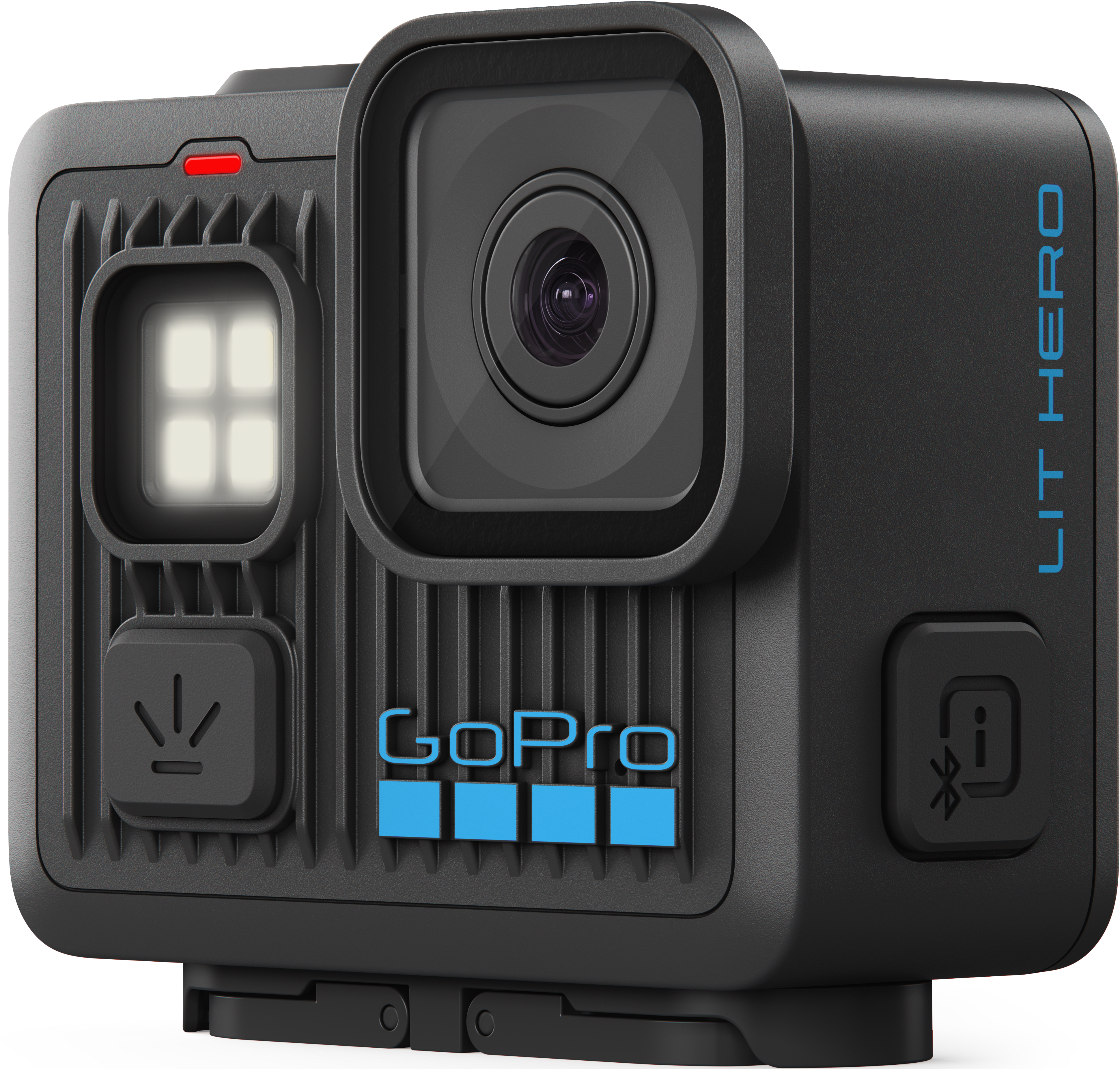 Caméra GoPro noire avec texte bleu et objectif. Elle a une lumière et des boutons. Le texte 'LIT HERO' est sur le côté.