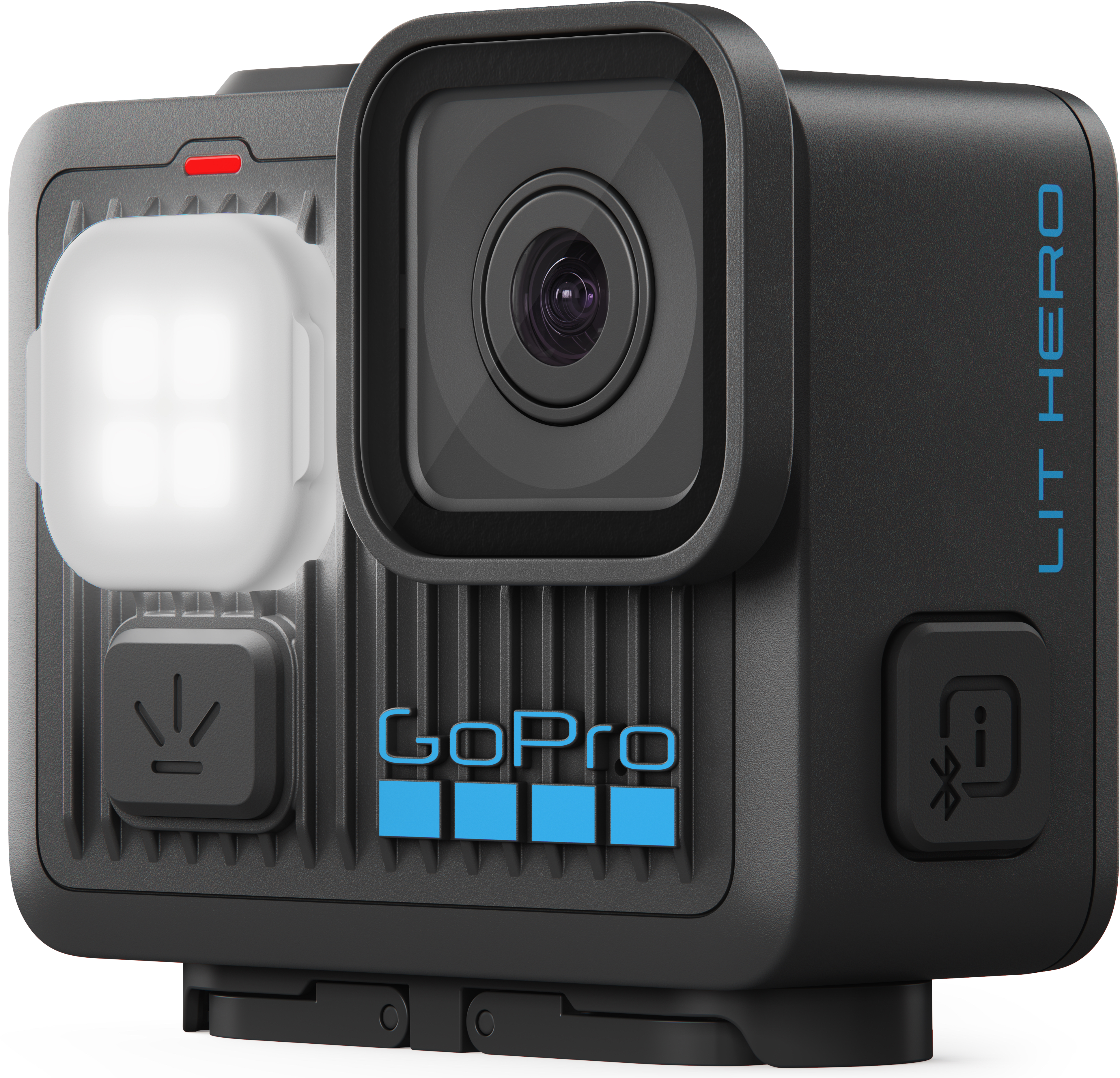 Une caméra GoPro noire avec un objectif, une lumière et des boutons. Le mot 'GoPro' est en bleu. 'LIT HERO' est écrit sur le côté.