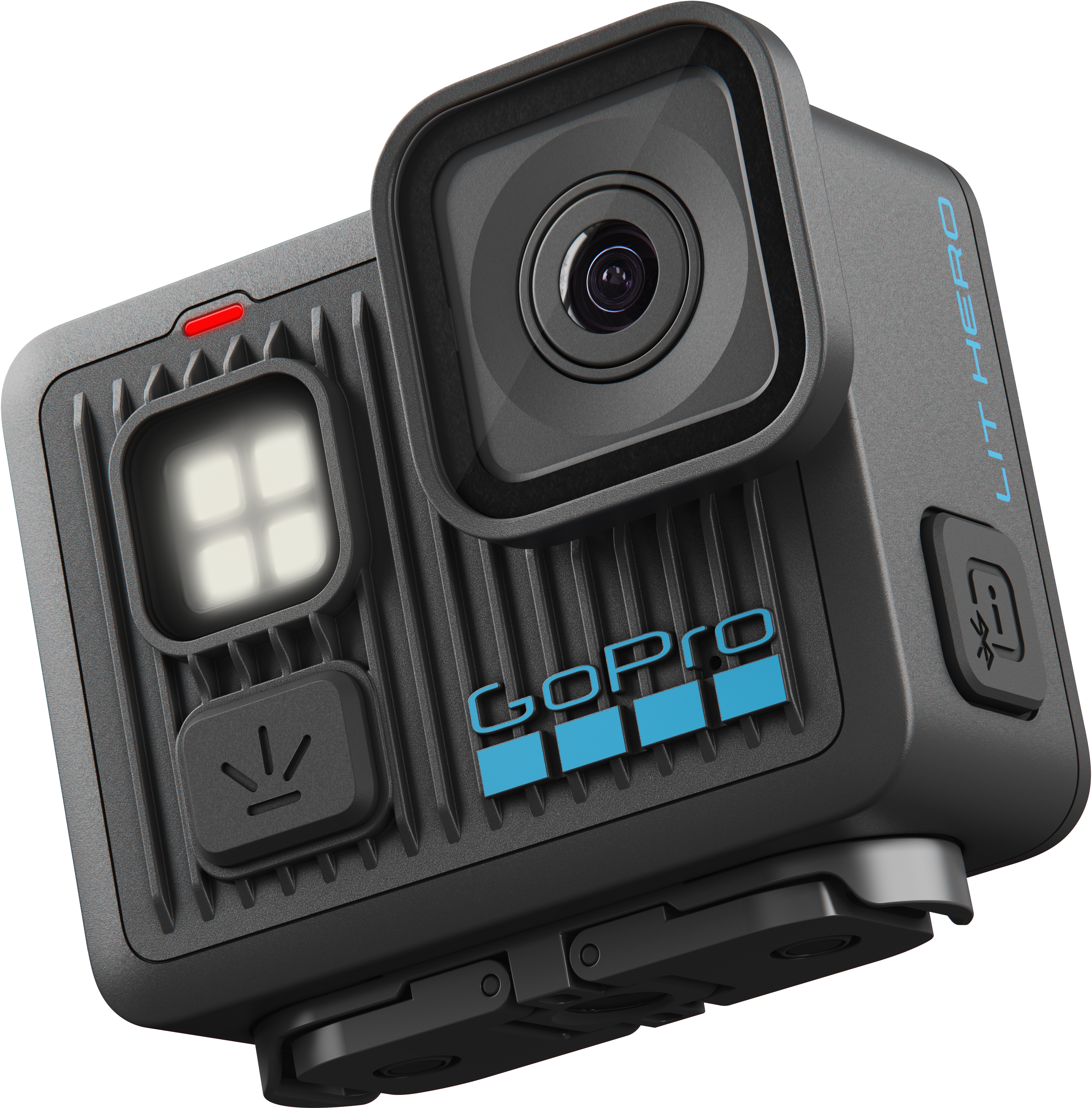 Une caméra GoPro noire avec un objectif, une lumière et le logo GoPro bleu. Elle est légèrement inclinée vers le haut.