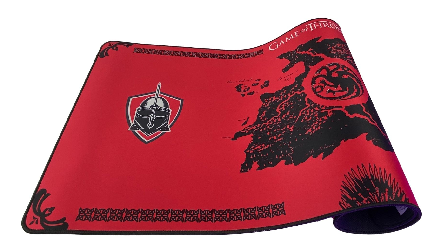 Czerwona podkładka pod mysz z mapą, tarczą i motywem Gry o Tron. Zawiera czarną mapę, tarczę z hełmem i logo serialu.