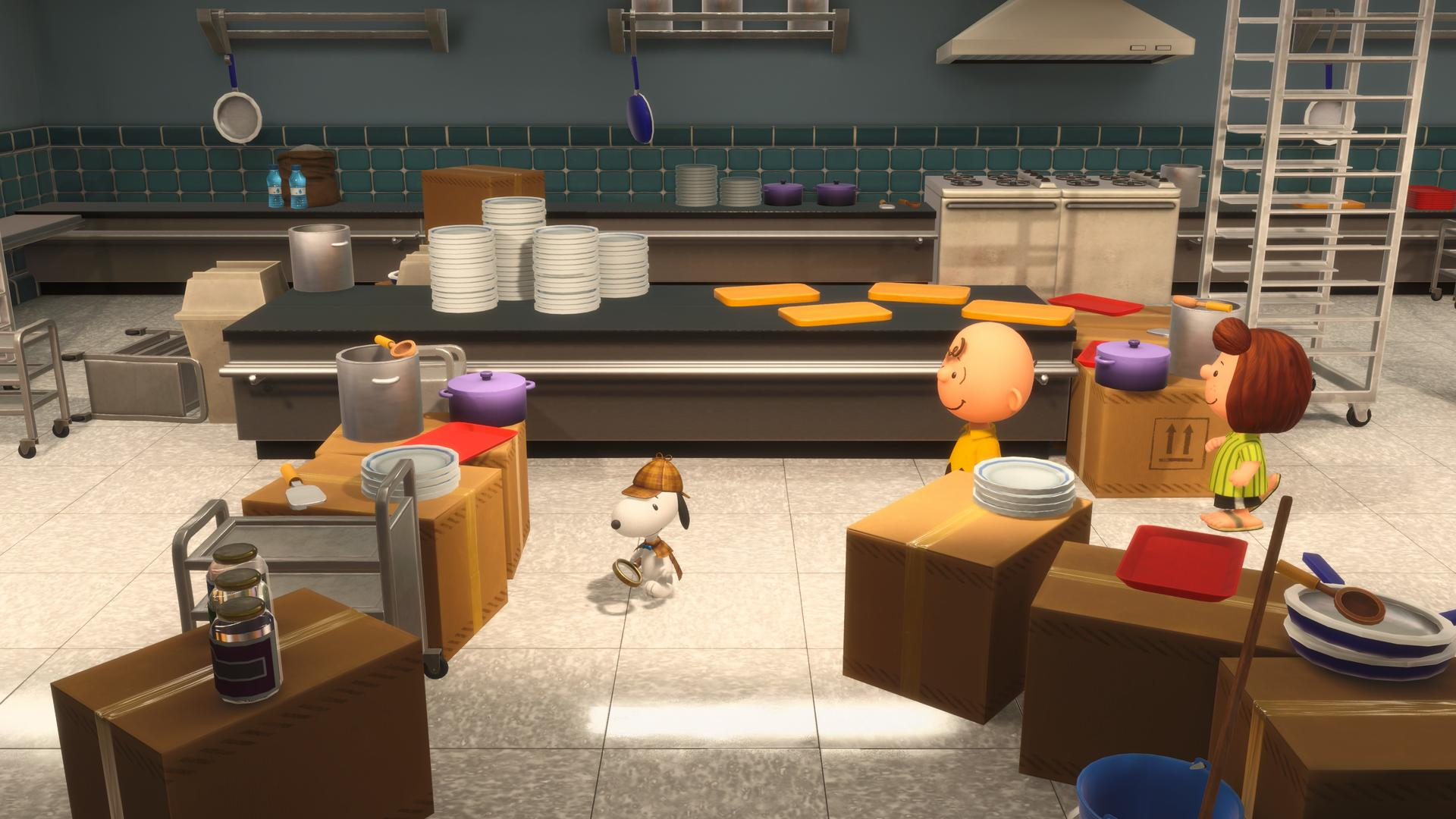 Snoopy-Detektiv in einer Küche mit Charlie Brown und Lucy. Es gibt Kisten, Töpfe und Pfannen. Die Küche hat Industrieausrüstung.