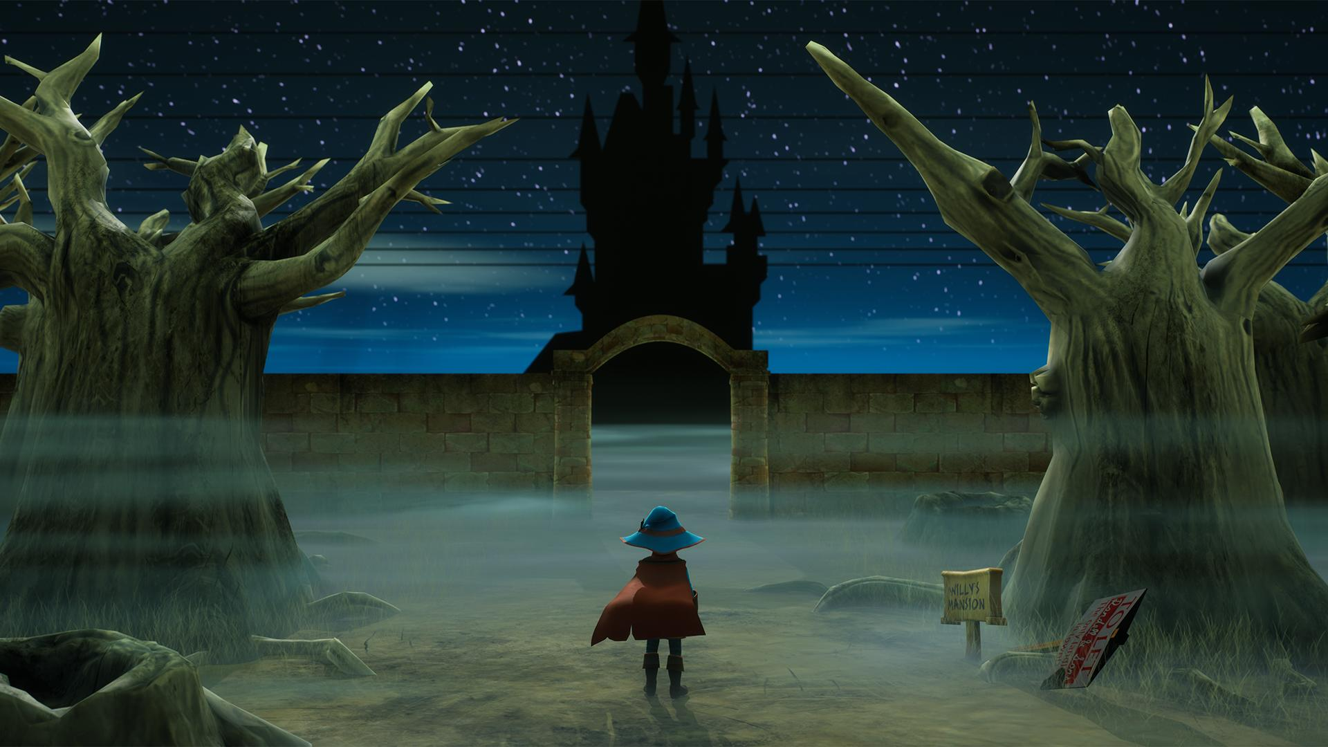 Eine Figur mit Umhang und Hut steht vor einem Tor, das zu einer Schlosssilhouette führt. Bäume und Nebel verdecken die Szene unter einem Sternenhimmel.