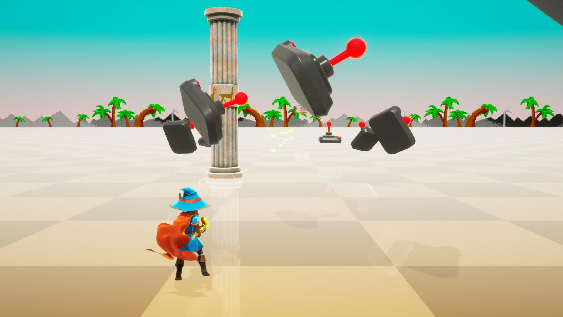 Eine Figur in blauer Kleidung und rotem Umhang steht neben einer Säule, mit schwebenden Joysticks und Palmen im Hintergrund.