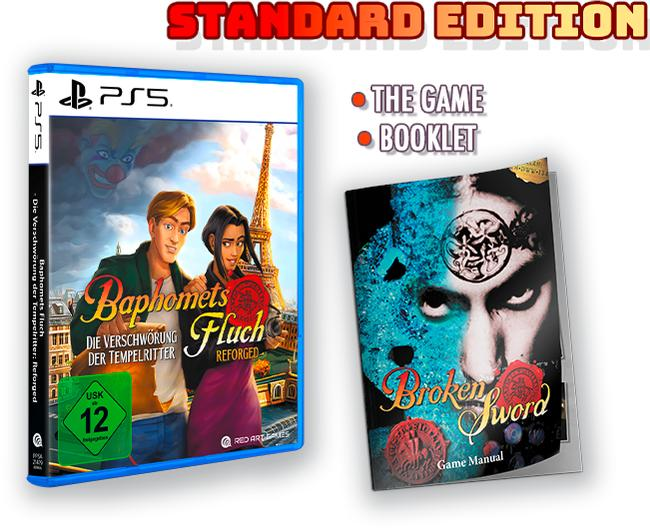 Spielbox und Broschüre. Die Spielbox zeigt zwei Personen, Eiffelturm und einen Clown. Die Broschüre hat ein Gesicht und ein zerbrochenes Schwert.