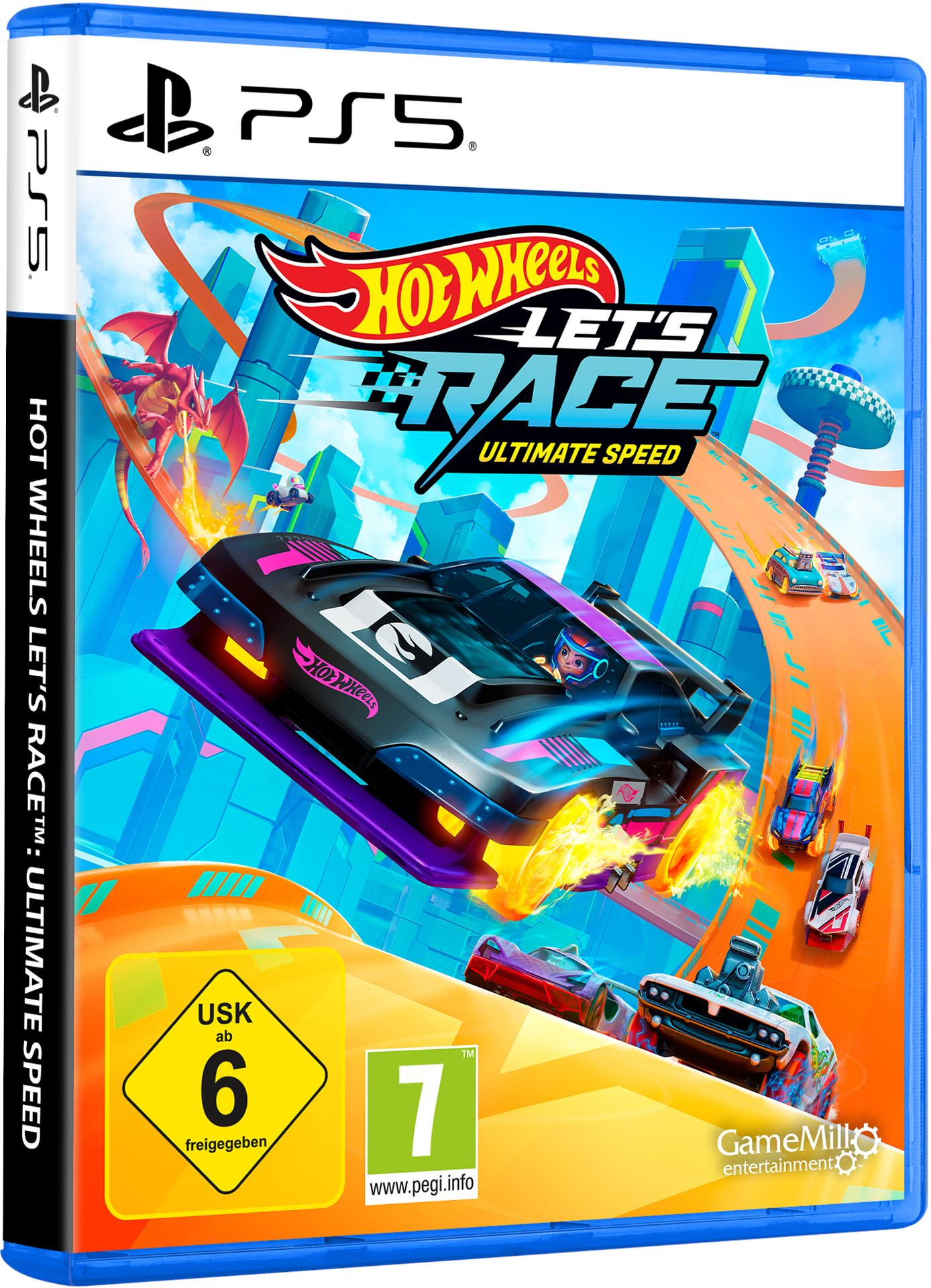 Cover des Spiels Hot Wheels Let's Race. Zeigt Rennwagen auf einer Strecke mit einem Drachen. Enthält PS5-Logo und Altersfreigaben.