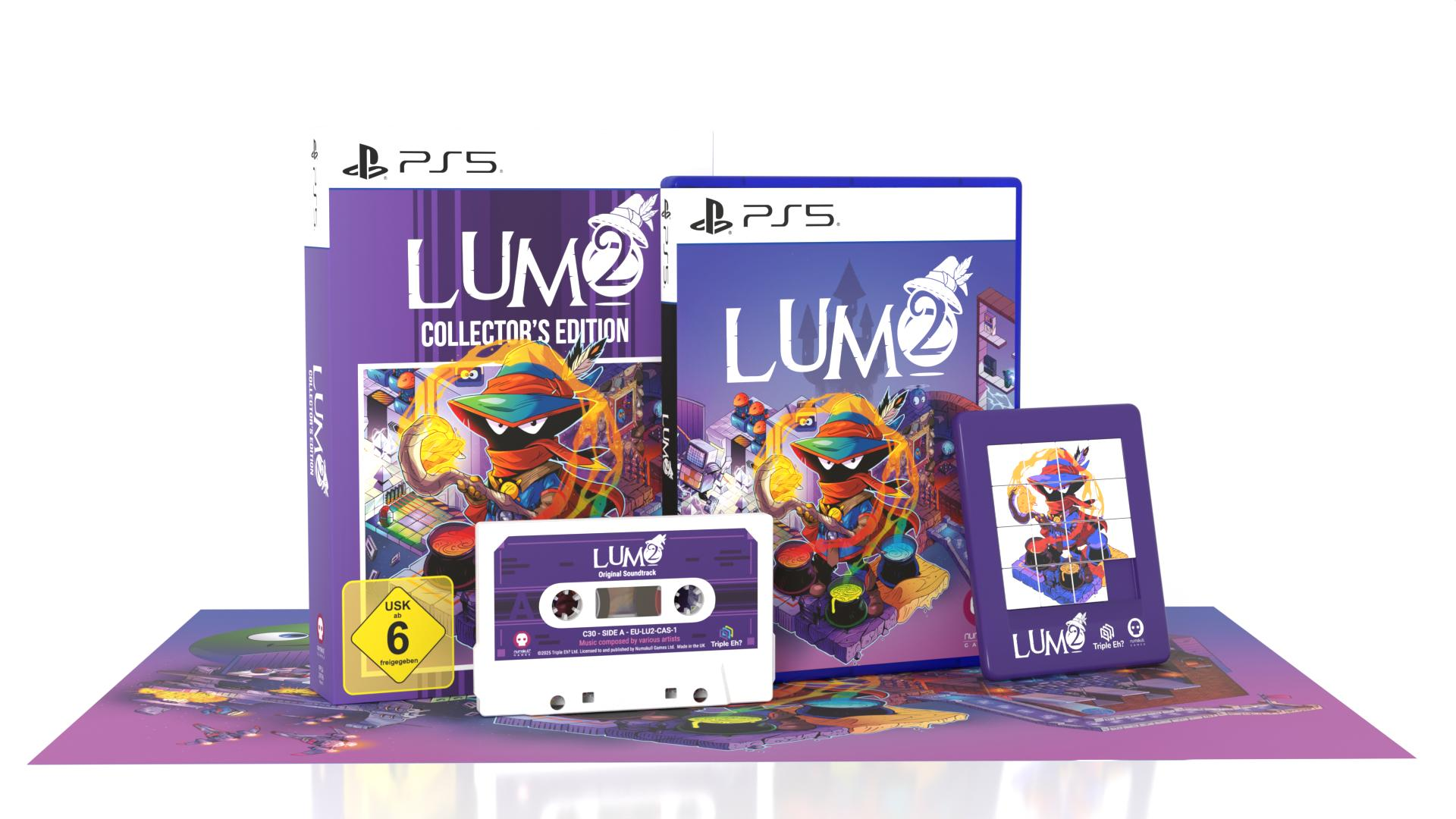 Lumo 2 Collector's Edition. Enthält Spielbox, Kassette, Puzzle und Spiel-Disc. Lila und Orange dominieren.