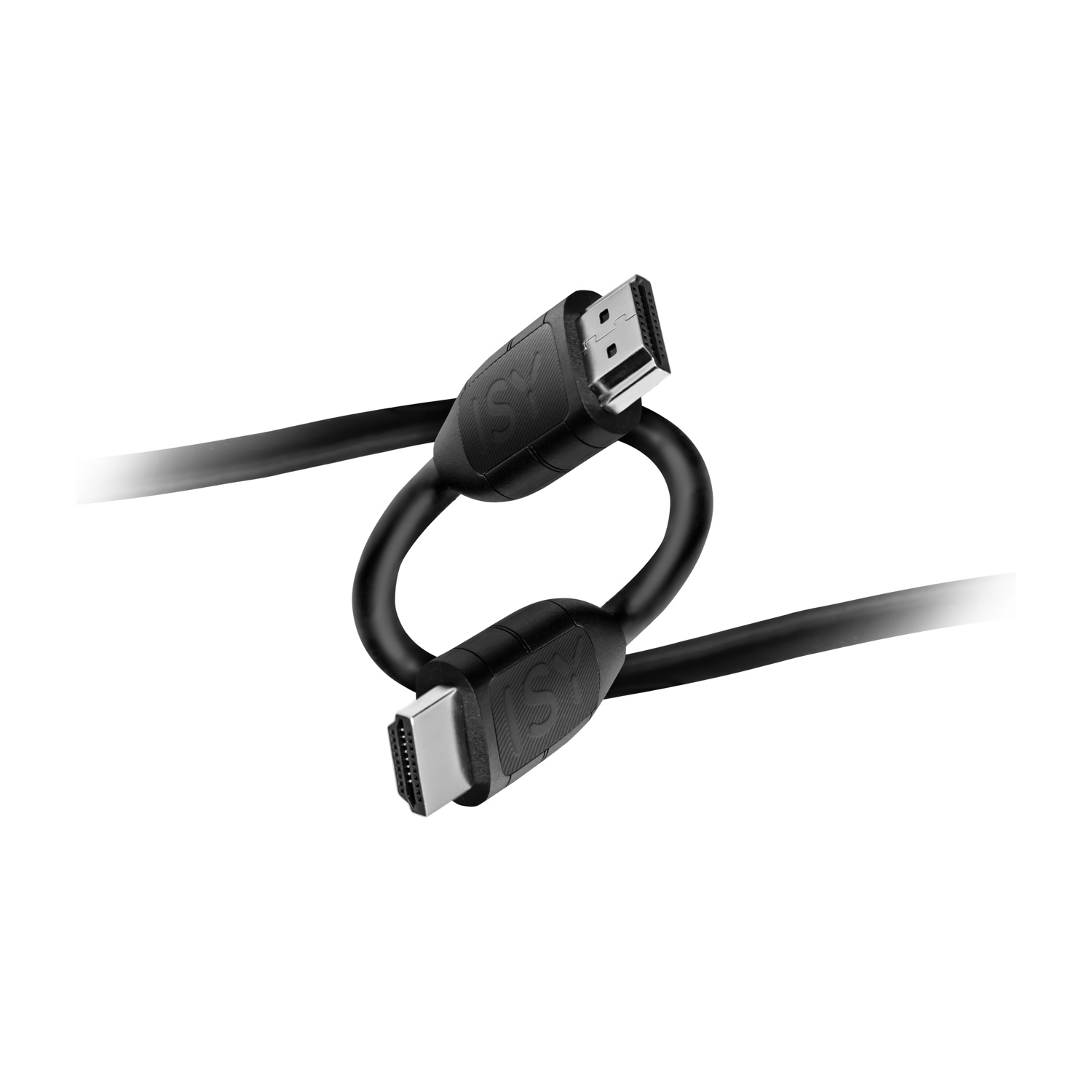 Un cavo HDMI nero è piegato ad anello. Sono visibili due connettori, ciascuno con una porta argentata. Lo sfondo è bianco.