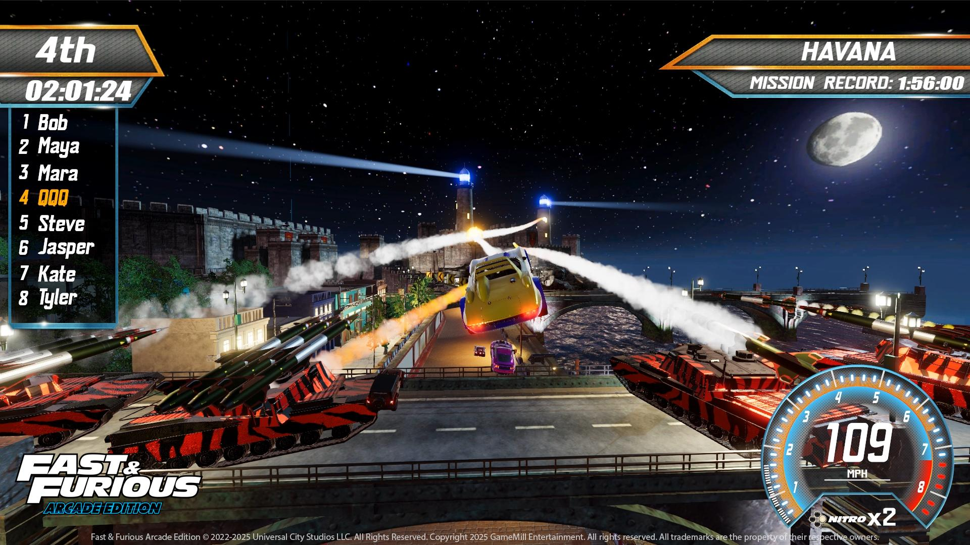 Eine Rennspielszene bei Nacht mit Autos, Panzern und einer Brücke. Der Himmel zeigt Mond und Sterne. Tachometer zeigt 109 mph.