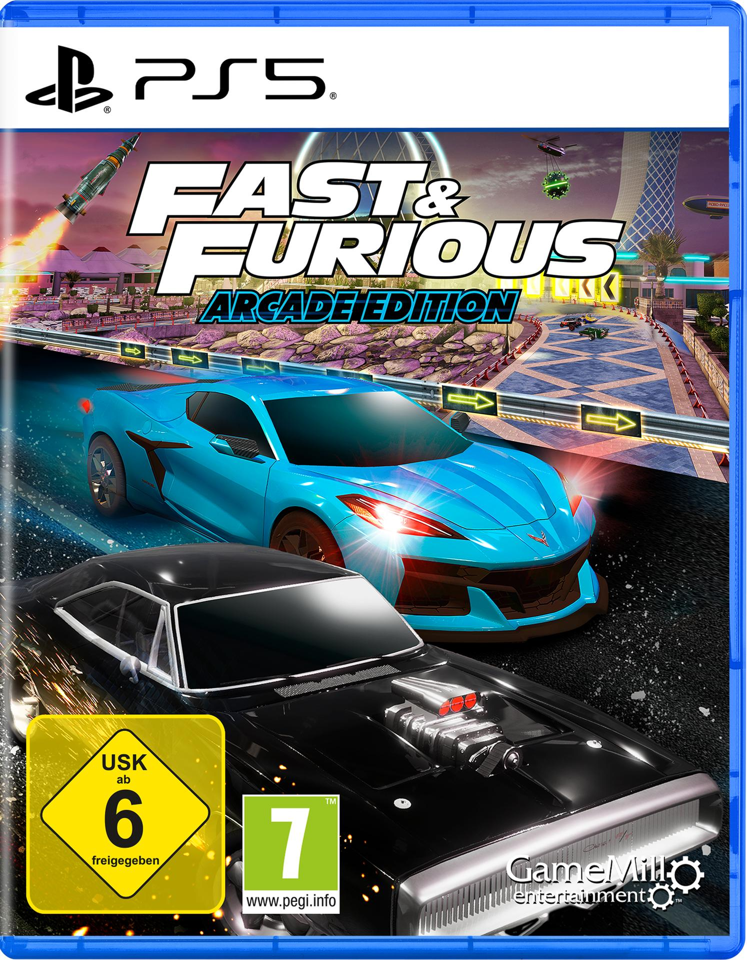Spielcover von Fast & Furious: Arcade Edition. Zeigt einen blauen Sportwagen und ein schwarzes Auto auf einer Rennstrecke.