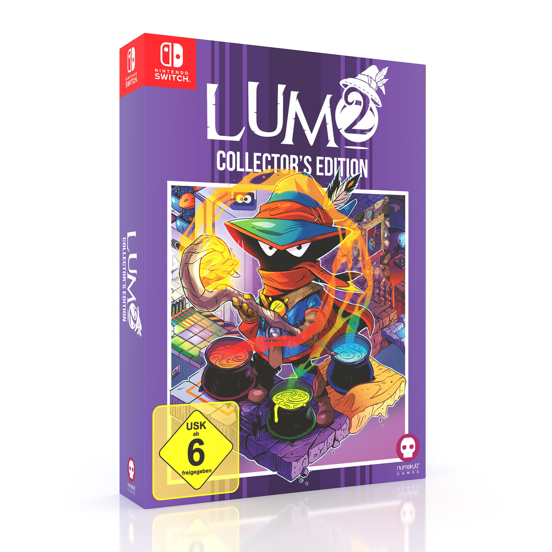 Eine Nintendo Switch-Spielbox. Sie zeigt eine Cartoon-Figur, den Titel 'LUM2' und das Label 'Collector's Edition'.