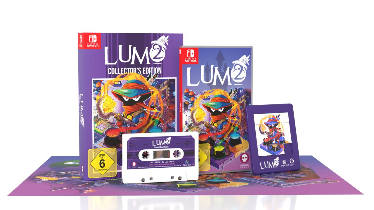Lumo 2 Collector's Edition: Nintendo Switch-Spielbox, Kassette, Puzzle und Spielhülle mit einer Figur mit Zauberhut.