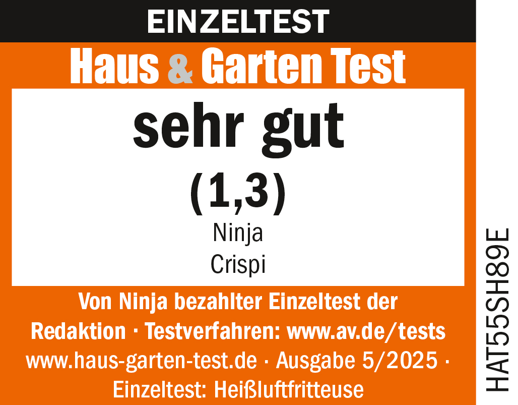 Testergebnis: 'sehr gut' (1,3). Ninja Crispi Heißluftfritteuse. Text auf Deutsch. Orange, weiß und schwarz auf weißem Grund.