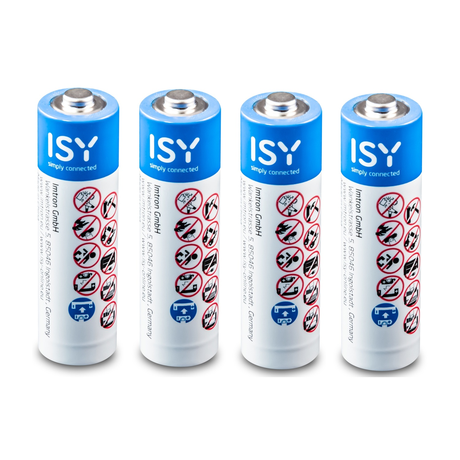 Quattro batterie ISY su superficie bianca. Ognuna ha un top blu con il logo ISY. Avvisi e informazioni aziendali sono stampati.