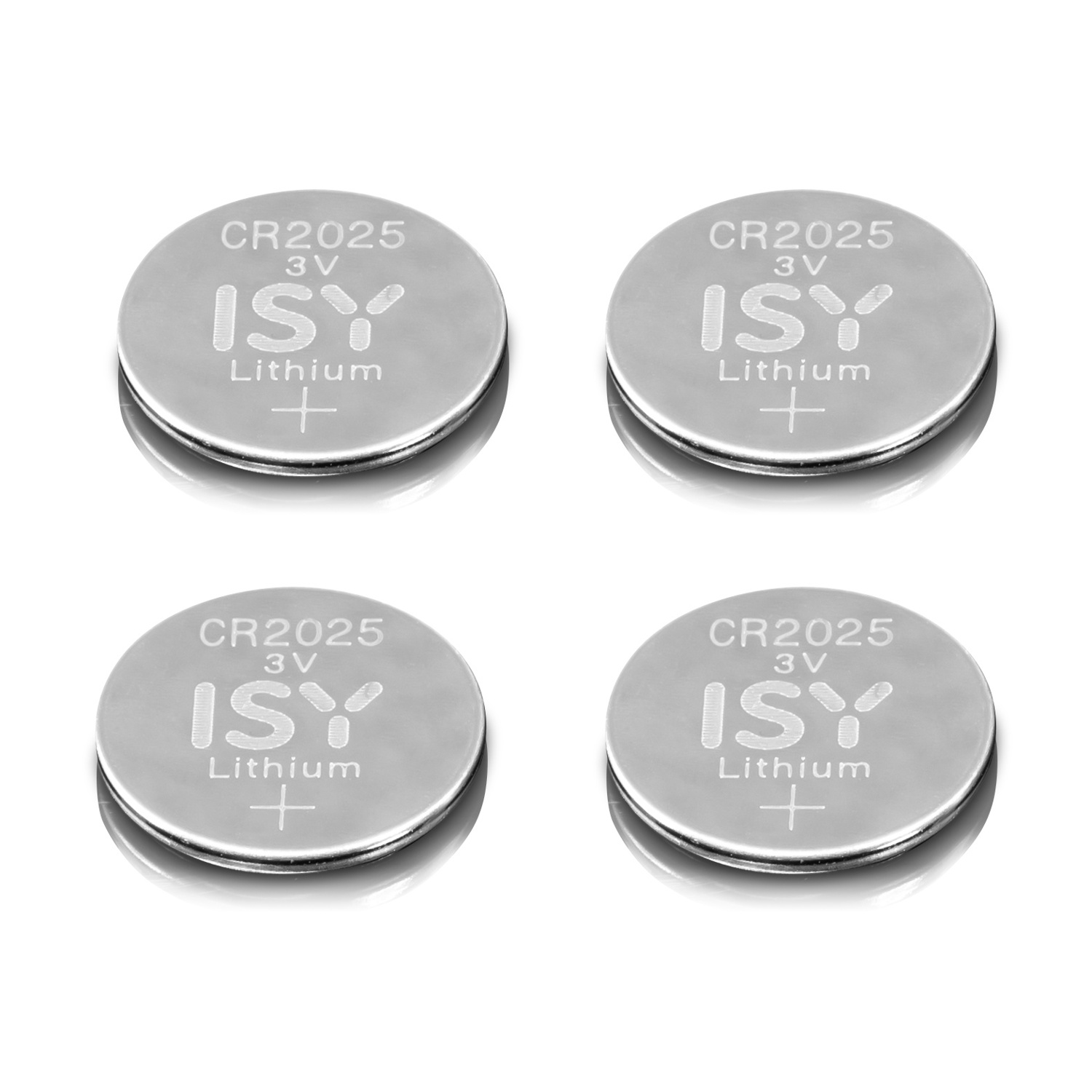 Quattro batterie al litio ISY CR2025 3V argentate su una superficie bianca, ciascuna con un simbolo più.