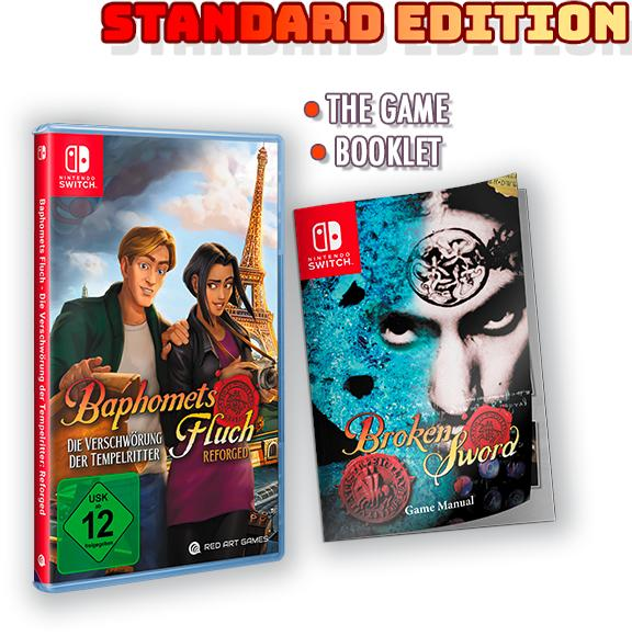 Spielhülle und Broschüre. Hülle zeigt zwei Personen und den Eiffelturm. Broschürencover zeigt ein Gesicht und den Titel Broken Sword.