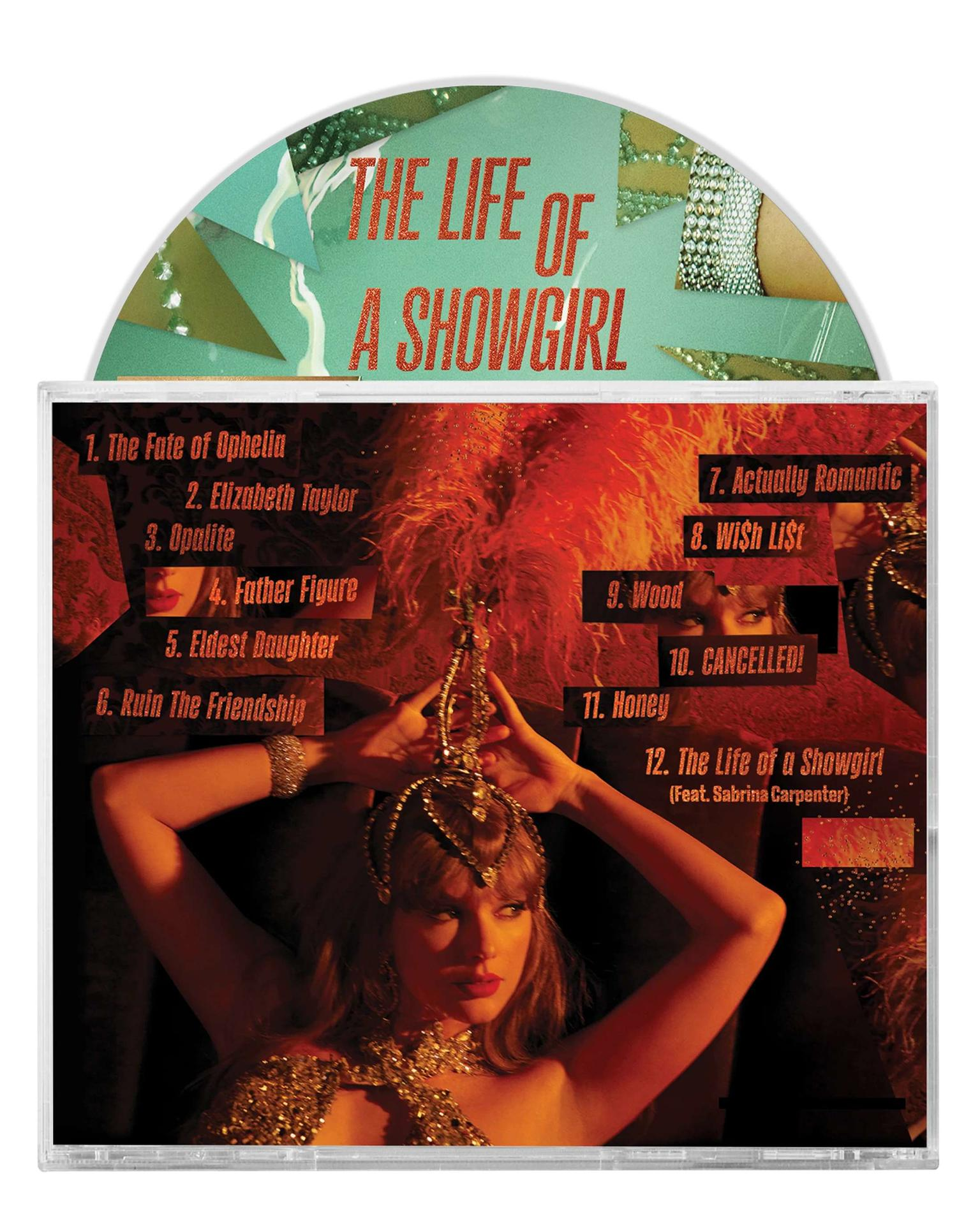 Eine CD-Hülle mit einer Frau mit Krone, Albumcover und Text: 'The Life of a Showgirl'. Die CD ist teilweise sichtbar.