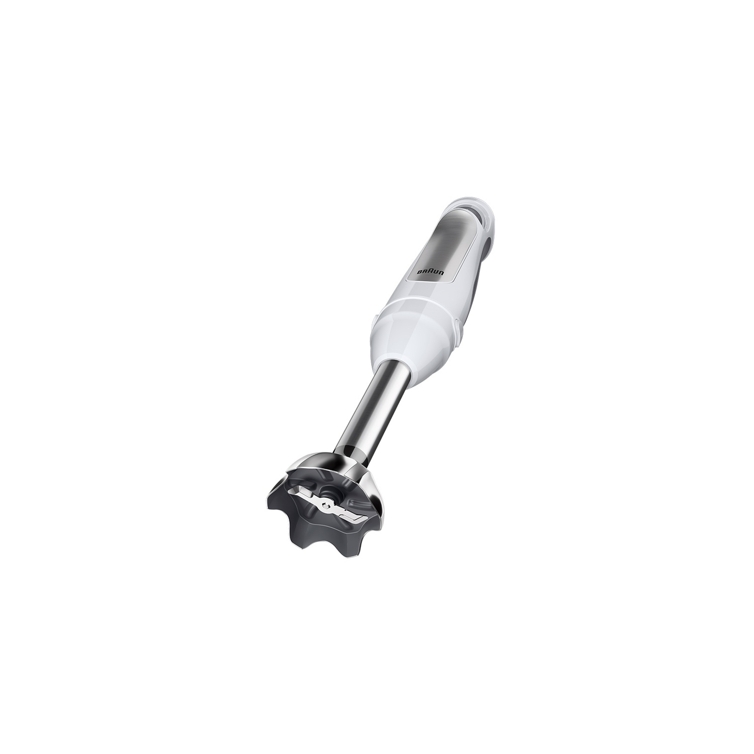 Een witte en zilveren Braun staafmixer op een witte achtergrond. De mixer staat schuin naar de kijker. De messen zijn zichtbaar.