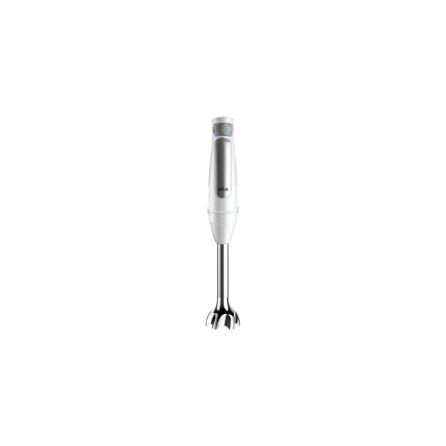 Een witte en zilveren Braun staafmixer staat gecentreerd op een witte achtergrond. Het heeft een mengkop en een motorhuis.