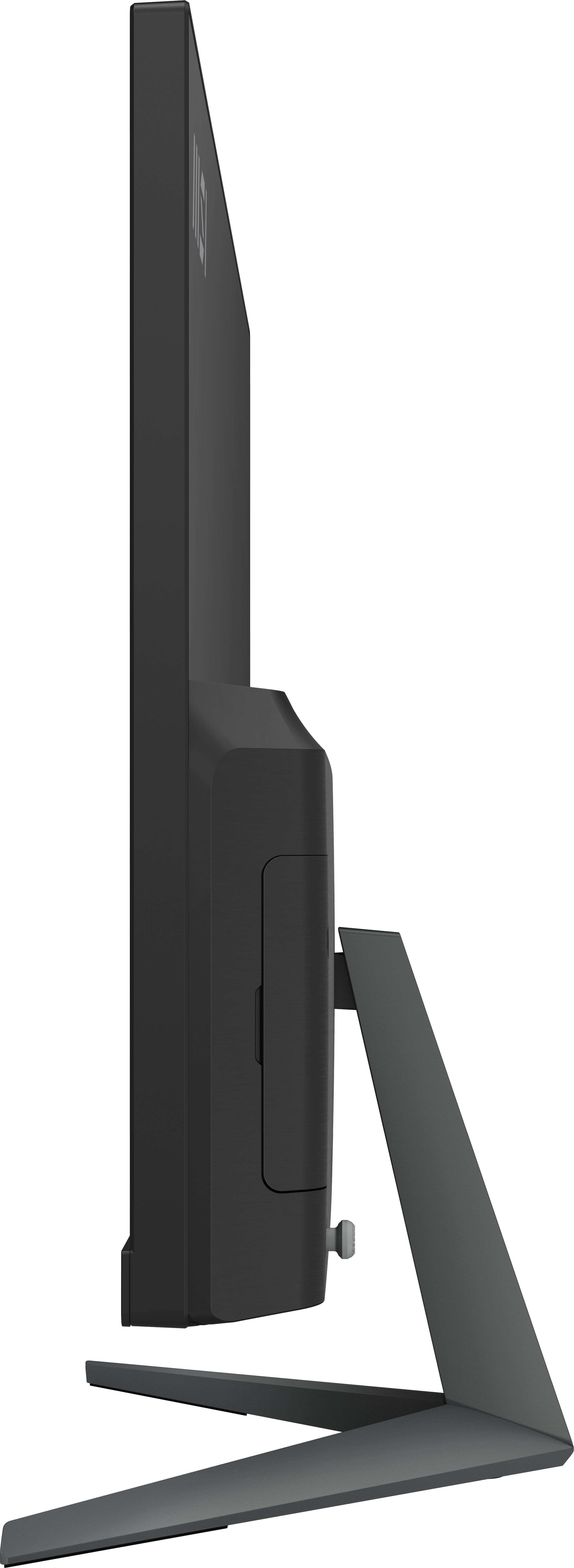 Seitenansicht eines dunkelgrauen Computermonitors mit Ständer. Der Hintergrund ist schwarz.