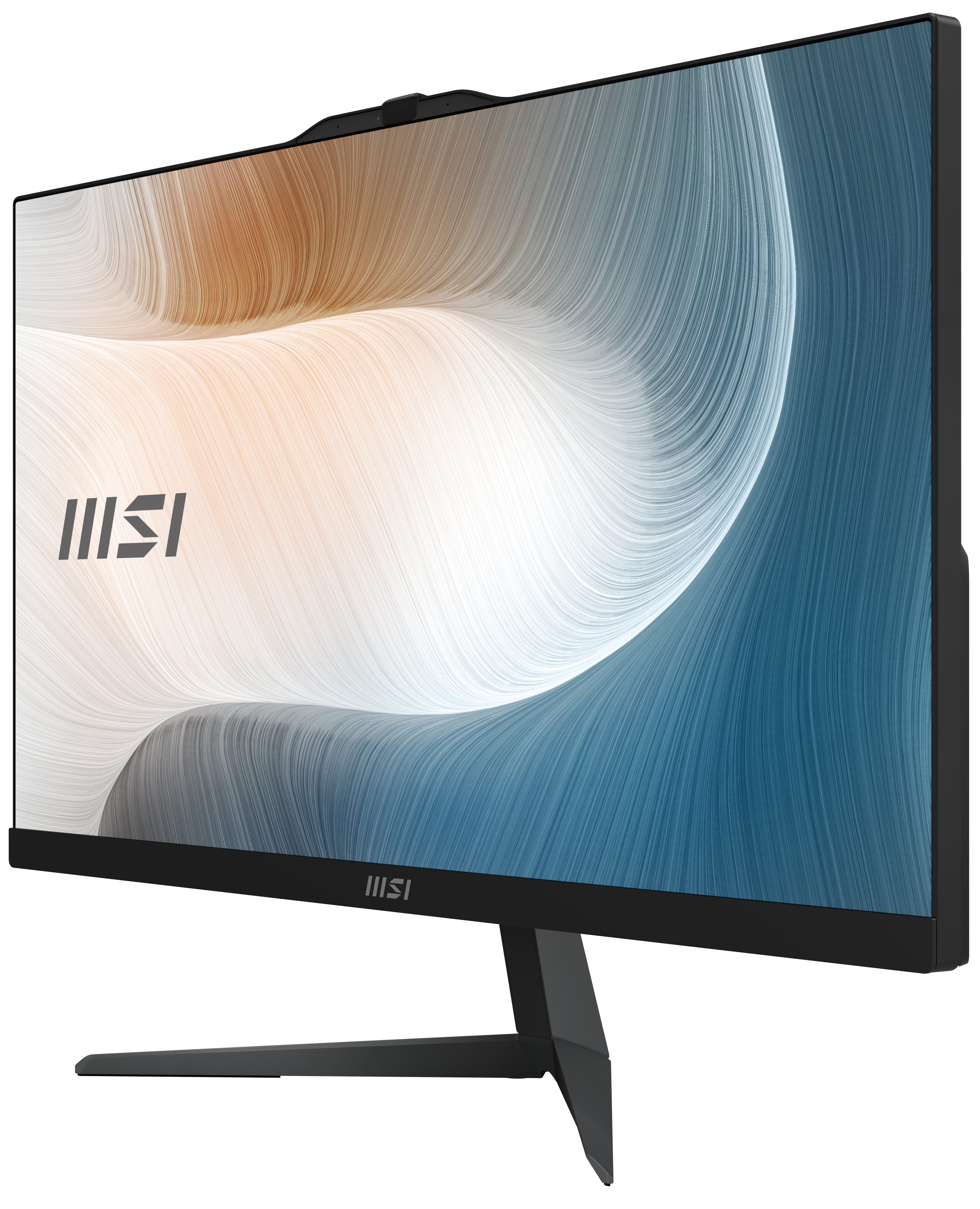 MSI-Monitor mit gebogenem Bildschirm. Der Bildschirm zeigt abstrakte weiße, blaue und orangefarbene Wellen. Der Ständer und Rahmen sind schwarz.