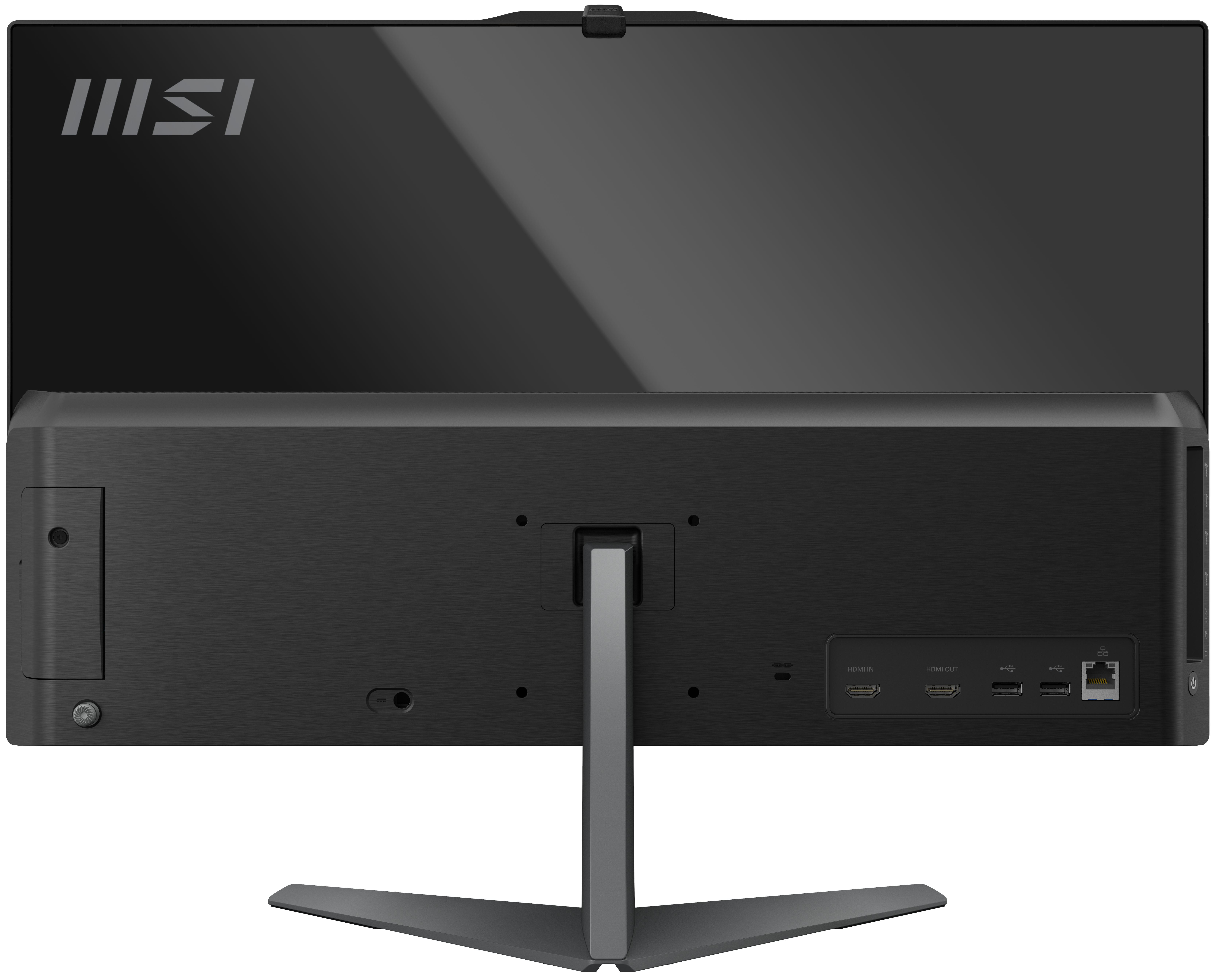 Rückansicht eines schwarzen All-in-One-Computers mit dem MSI-Logo. Es hat Anschlüsse für HDMI, USB und Ethernet sowie einen silbernen Ständer.