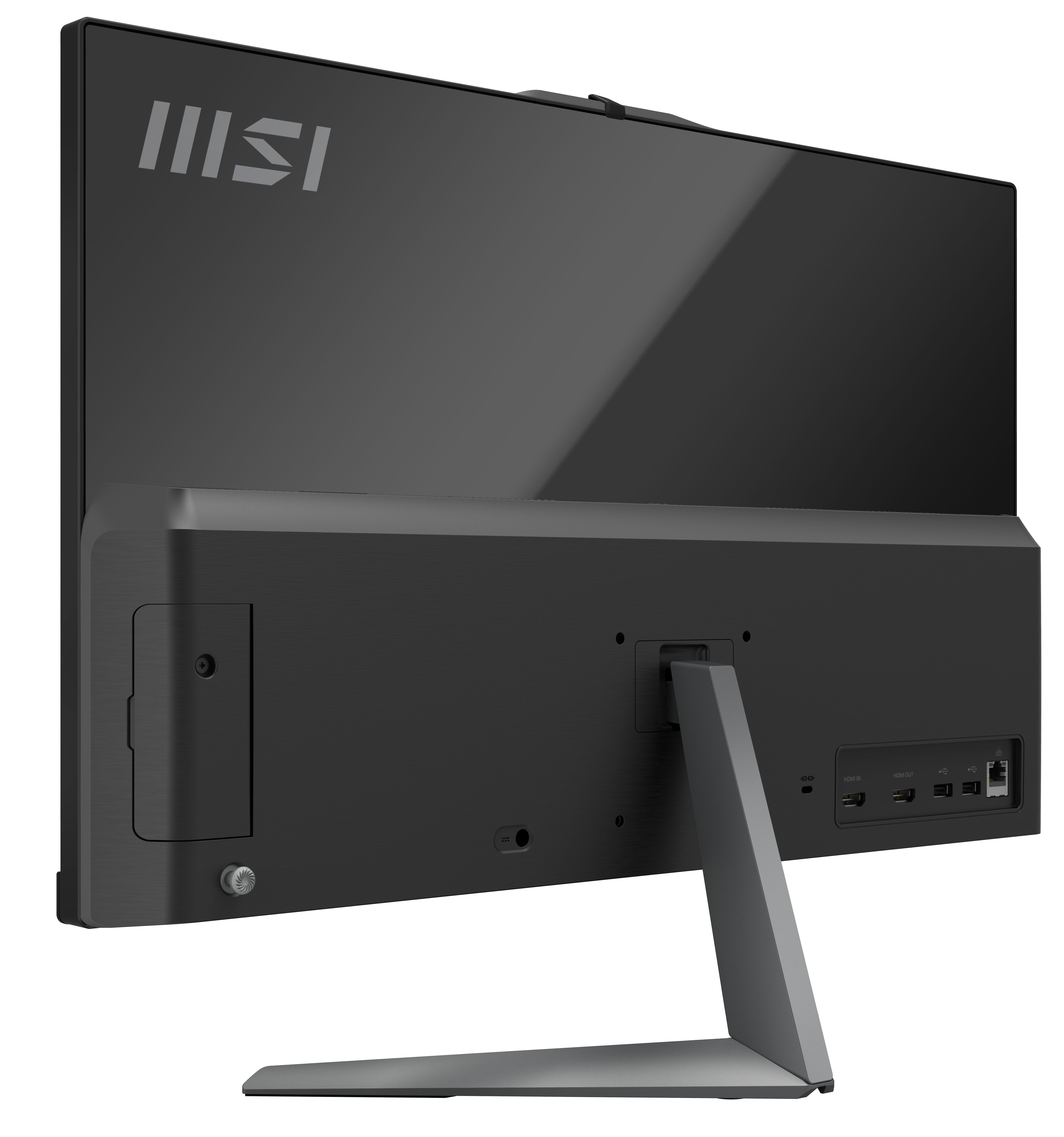 Ein schwarzer MSI All-in-One-Computer. Die Rückseite ist sichtbar und zeigt Anschlüsse, Ständer und das MSI-Logo. Er hat ein schlankes, modernes Design.