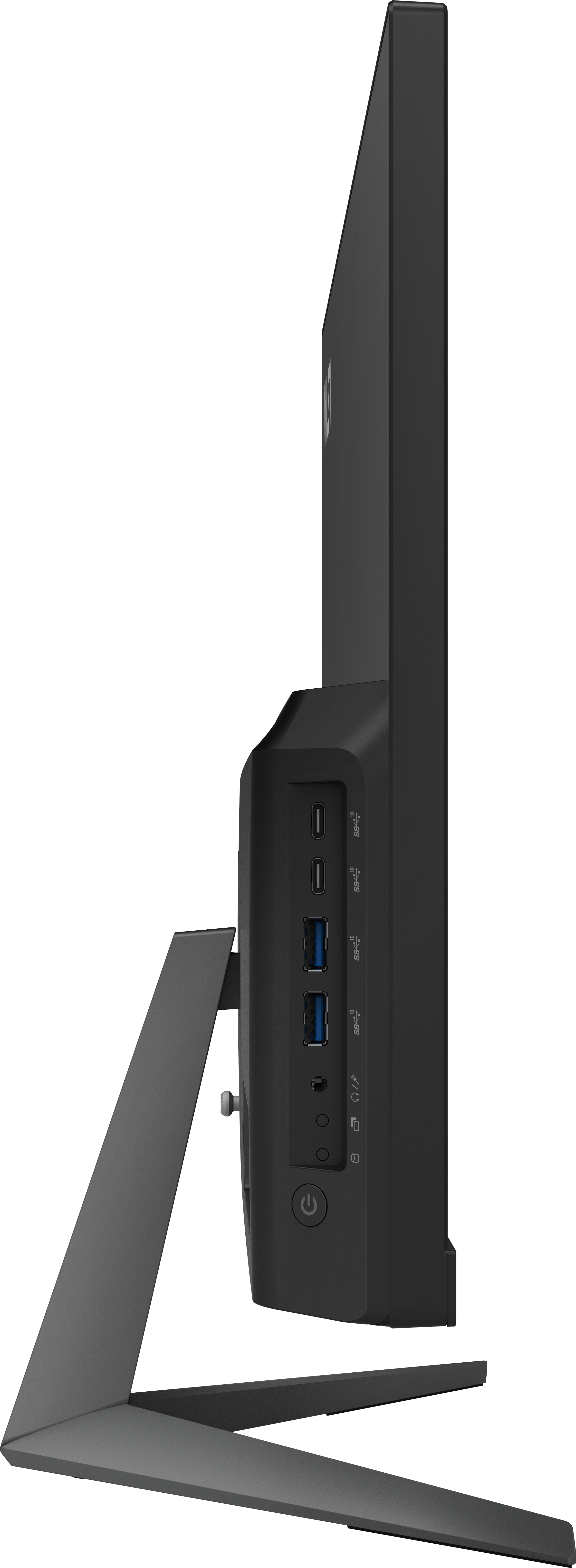 Ein schwarzer Computermonitor, Seitenansicht, mit mehreren Anschlüssen und einem Ständer. Der Hintergrund ist schwarz.