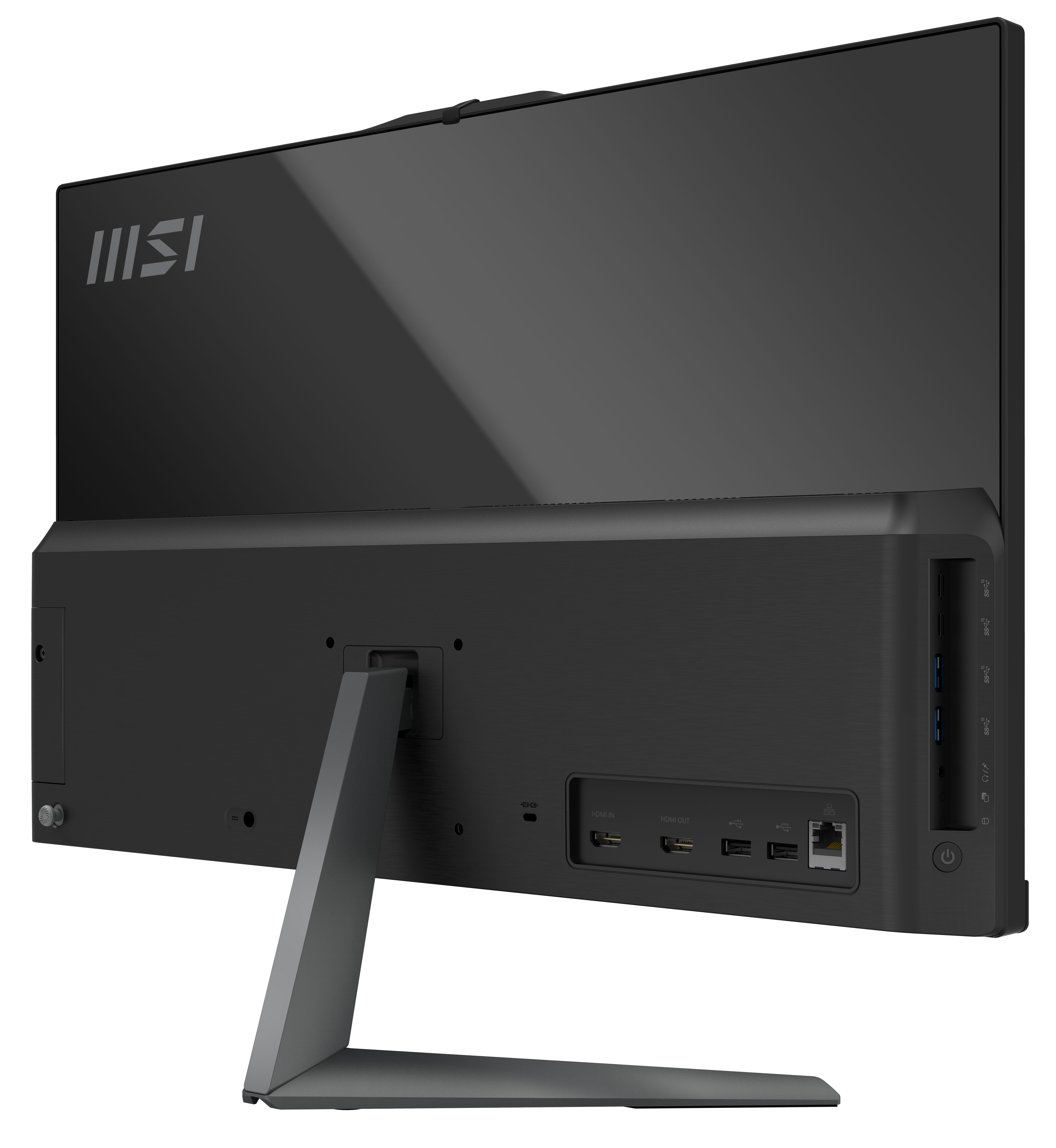 Ein schwarzer MSI All-in-One-Computer. Die Rückseite zeigt Anschlüsse, den Ständer und das MSI-Logo. Der Bildschirm ist glänzend.