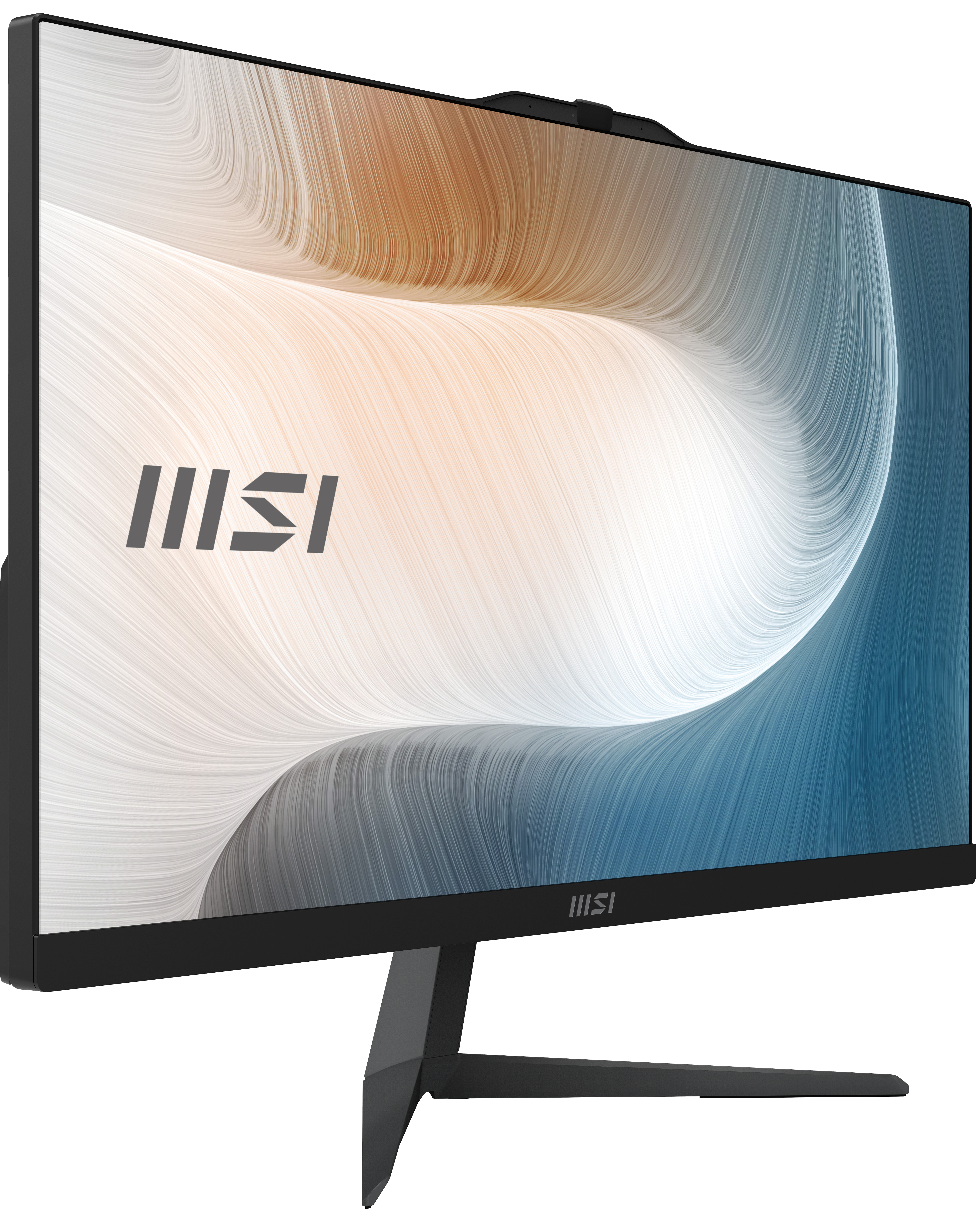 MSI-Monitor mit schwarzem Rahmen und Ständer. Der Bildschirm zeigt abstrakte weiße, braune und blaue Wellenlinien. MSI-Logo sichtbar.