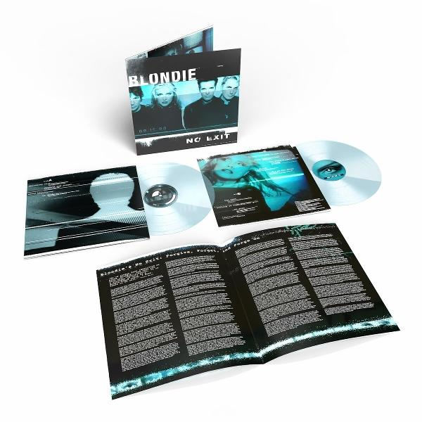 Layout des Blondie-Albums 'No Exit'. Enthält Albumcover, Schallplatten, Innenhülle mit Texten und ein Textheft auf weißem Grund.