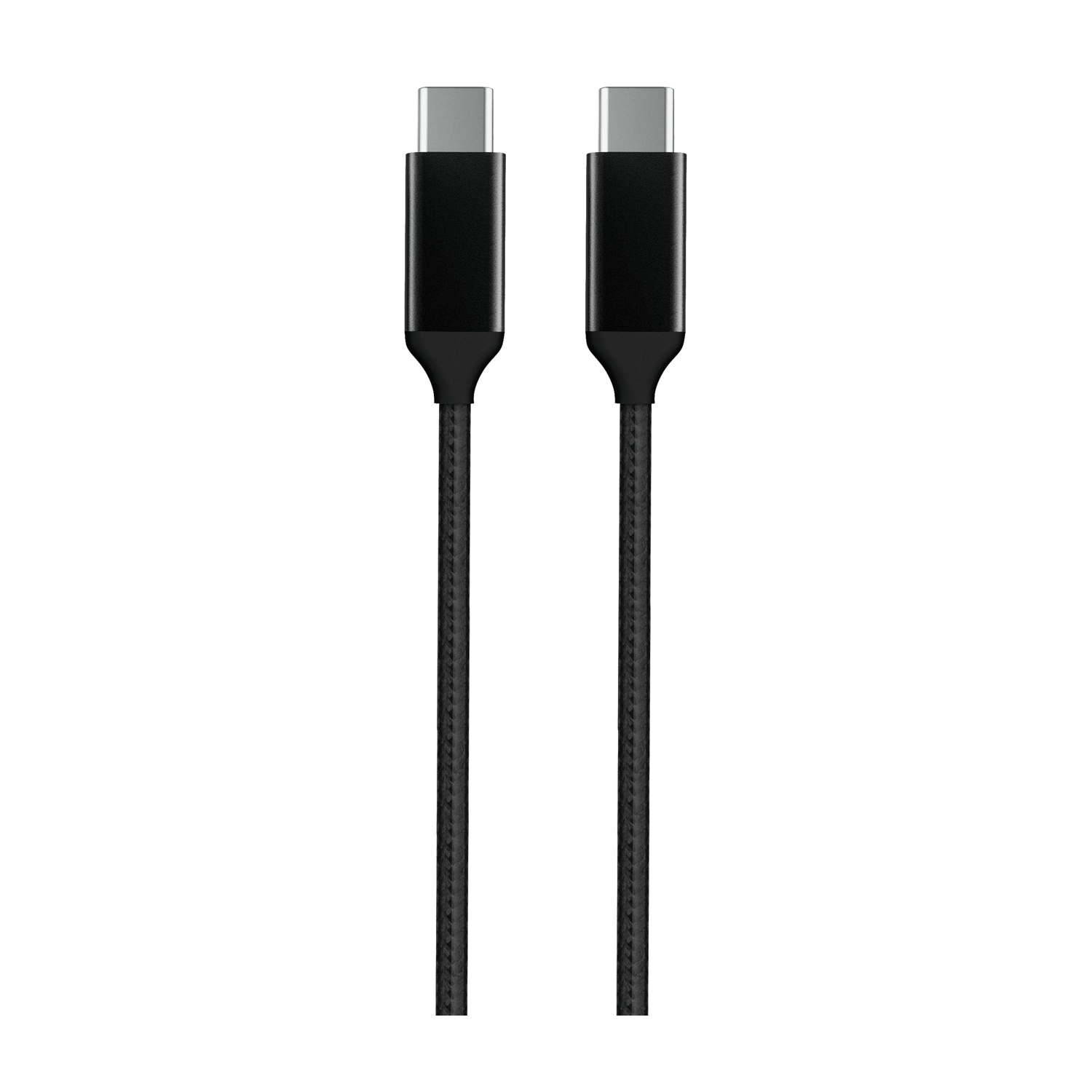 Due cavi USB-C neri con connettori argentati sono centrati verticalmente su sfondo bianco.