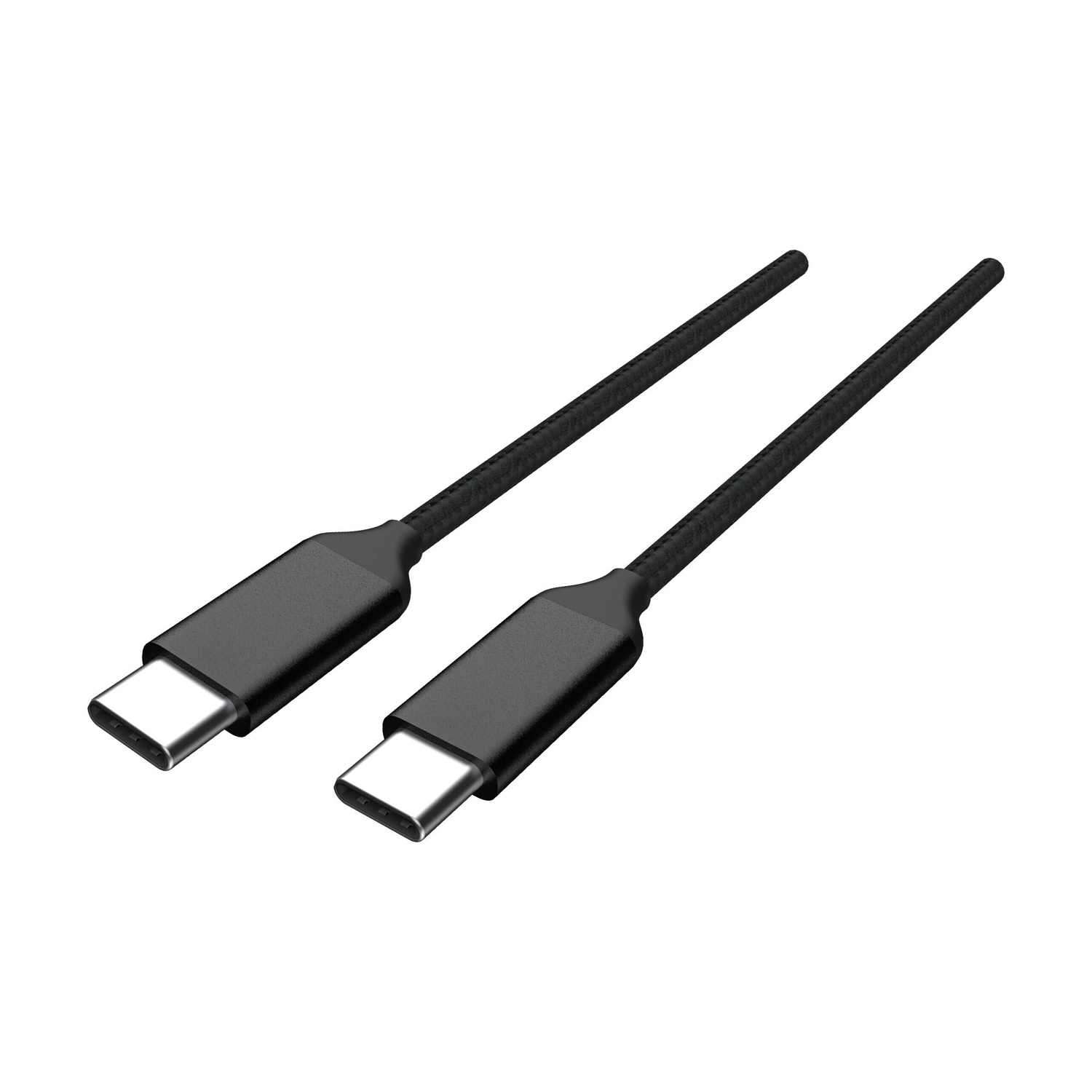 Due cavi USB-C neri angolati su sfondo bianco. Ogni cavo ha un connettore nero e un cavo nero intrecciato.
