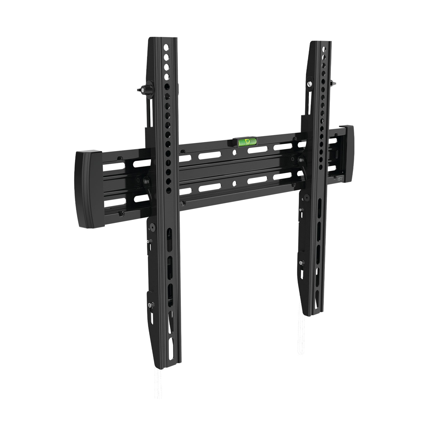 Un supporto a parete nero per TV con livella. Ha barre metalliche verticali e orizzontali con fori multipli per regolazioni.