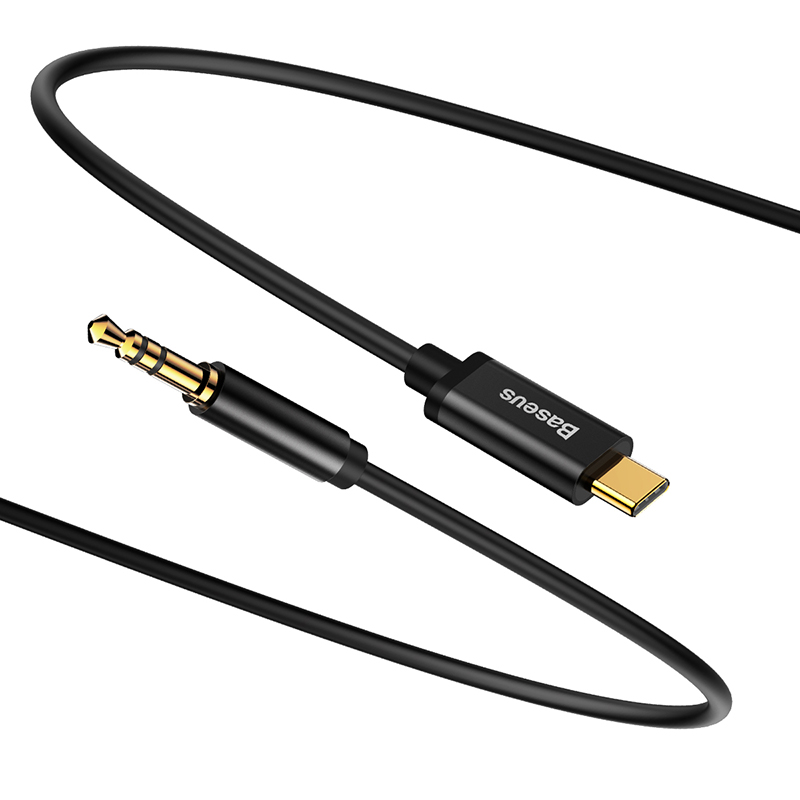Fekete Baseus USB-C-AUX kábel. Arany színű AUX csatlakozóval és USB-C csatlakozóval rendelkezik. A kábel fekete.