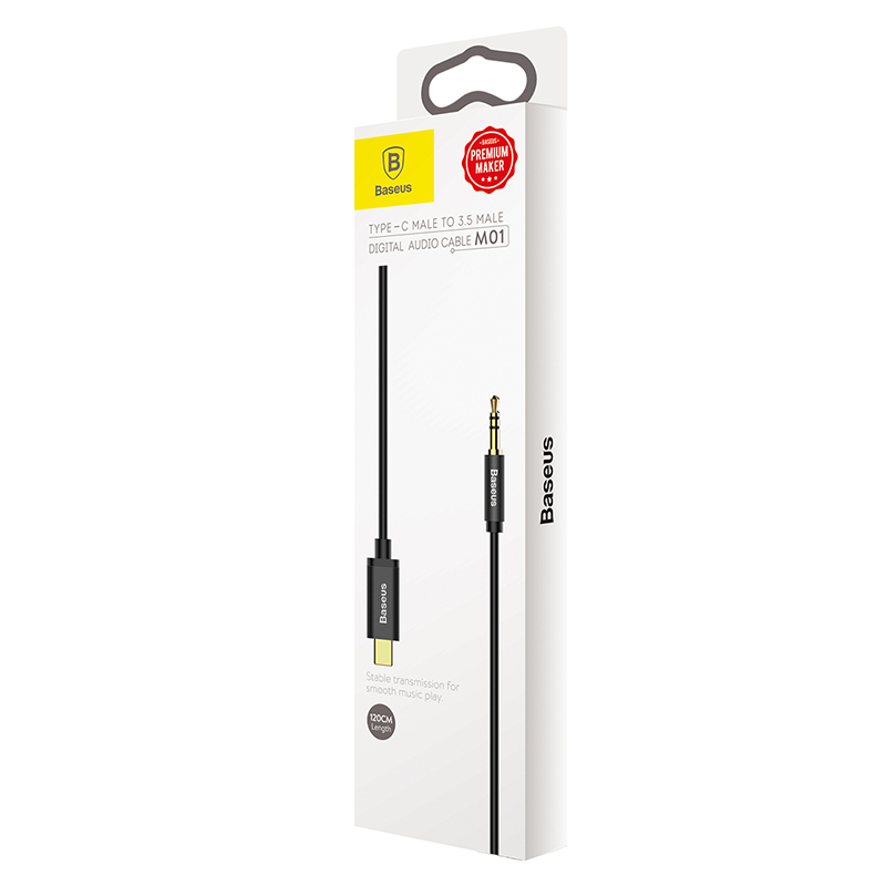 Egy Baseus audiokábel a csomagolásában. A kábel fekete, az egyik végén USB-C csatlakozóval, a másikon 3,5 mm-es jack dugóval.