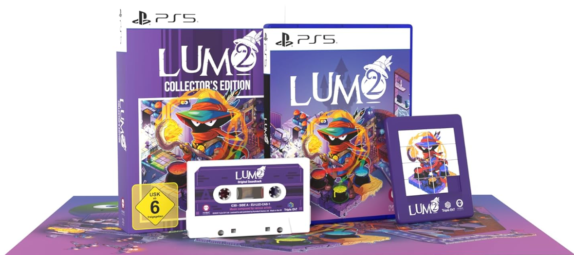 LUM2 Collector's Edition, PS5-Spielbox, Kassette und Puzzle mit dem Spielcharakter im Zaubererhut.